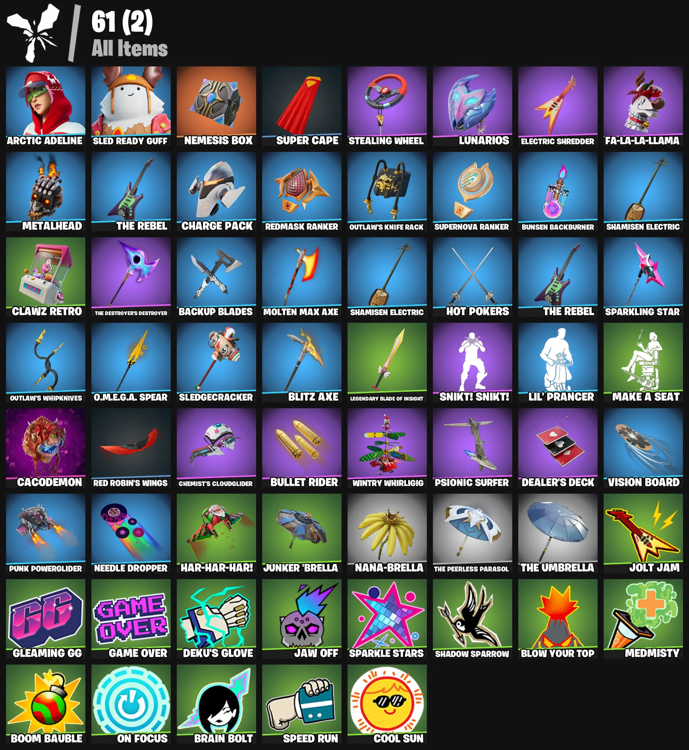 [PC/PSN/XBOX] 2 skins | Arctic Adeline | Sled Ready Guff | Nemesis Box | Super Cape | Stealing Wheel | Lunarios | Electric Shredder | Fa-la-la-Llama | 300 VB