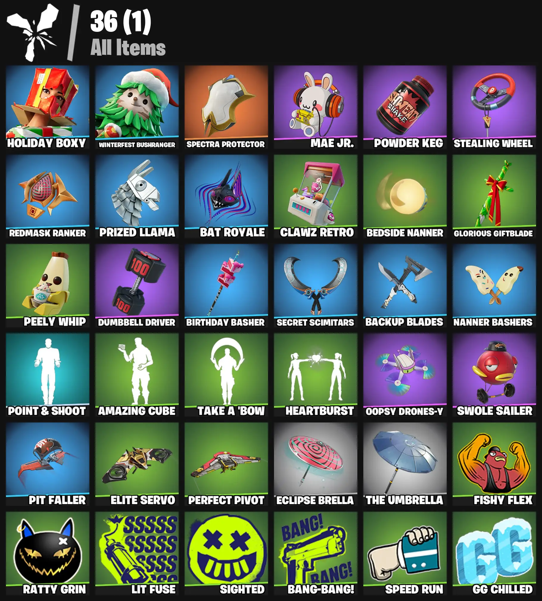 [PC/PSN/XBOX] 2 skins | Holiday Boxy | Winterfest Bushranger | Spectra Protector | Mae Jr. | Powder Keg | Stealing Wheel | Redmask Ranker | 100 VB