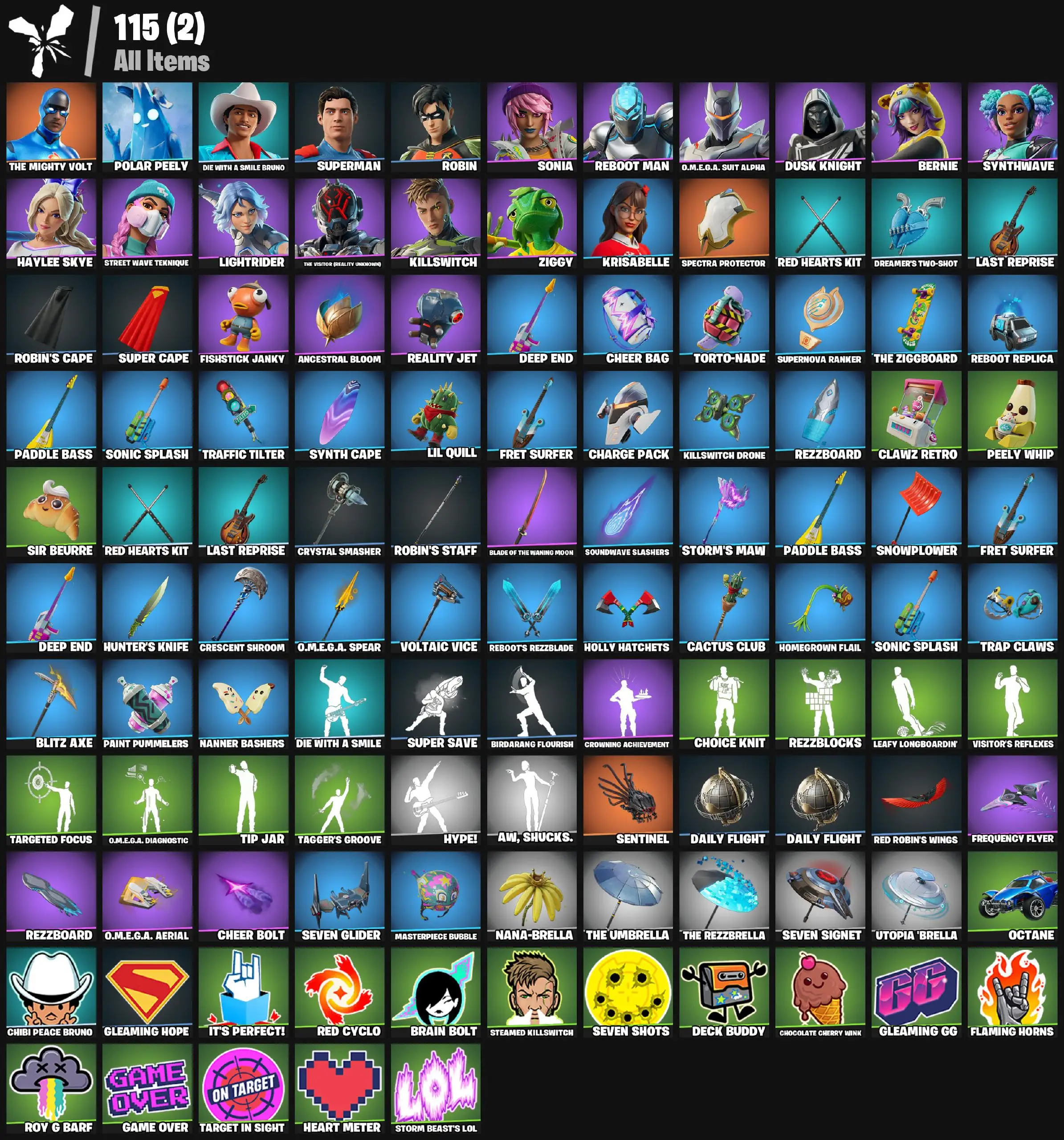[PC/PSN/XBOX] 18 skins | The Mighty Volt | Polar Peely | Die With A Smile Bruno | Superman | Robin | Sonia | Reboot Man | O.M.E.G.A. Suit Alpha | 0 VB