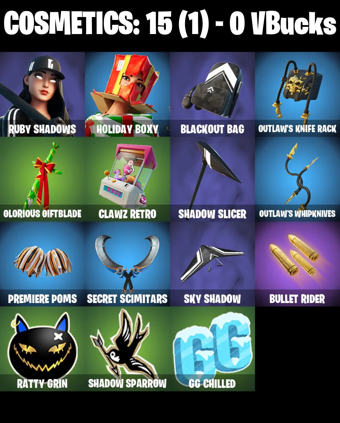 [PC/PSN/XBOX] 2 skins | Ruby Shadows | Holiday Boxy | Blackout Bag | Outlaw's Knife Rack | Glorious Giftblade | Clawz Retro | Shadow Slicer | 0 VB