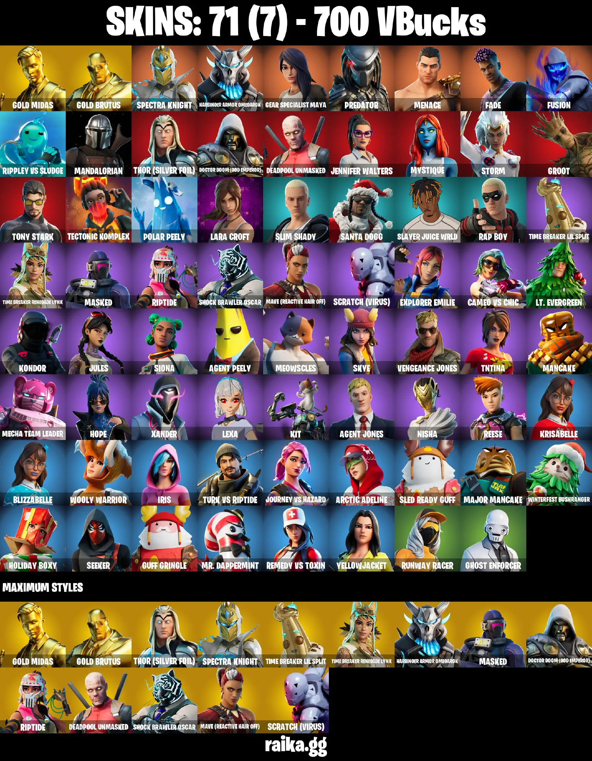 [PC/PS/XB/NIN] 71 skins Lara Croft | Gold Midas | Gold Brutus | Spectra Knight | Gear Specialist Maya | Deadpool | Meowscles | Agent Peely