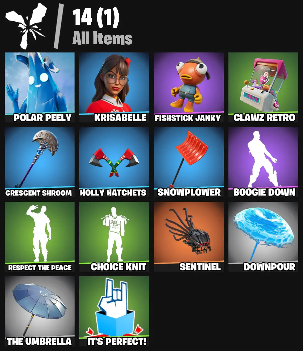 [PC/PSN/XBOX] 2 skins | Polar Peely | Krisabelle | Fishstick Janky | Clawz Retro | Crescent Shroom | Holly Hatchets | Snowplower | Boogie Down | 0 VB