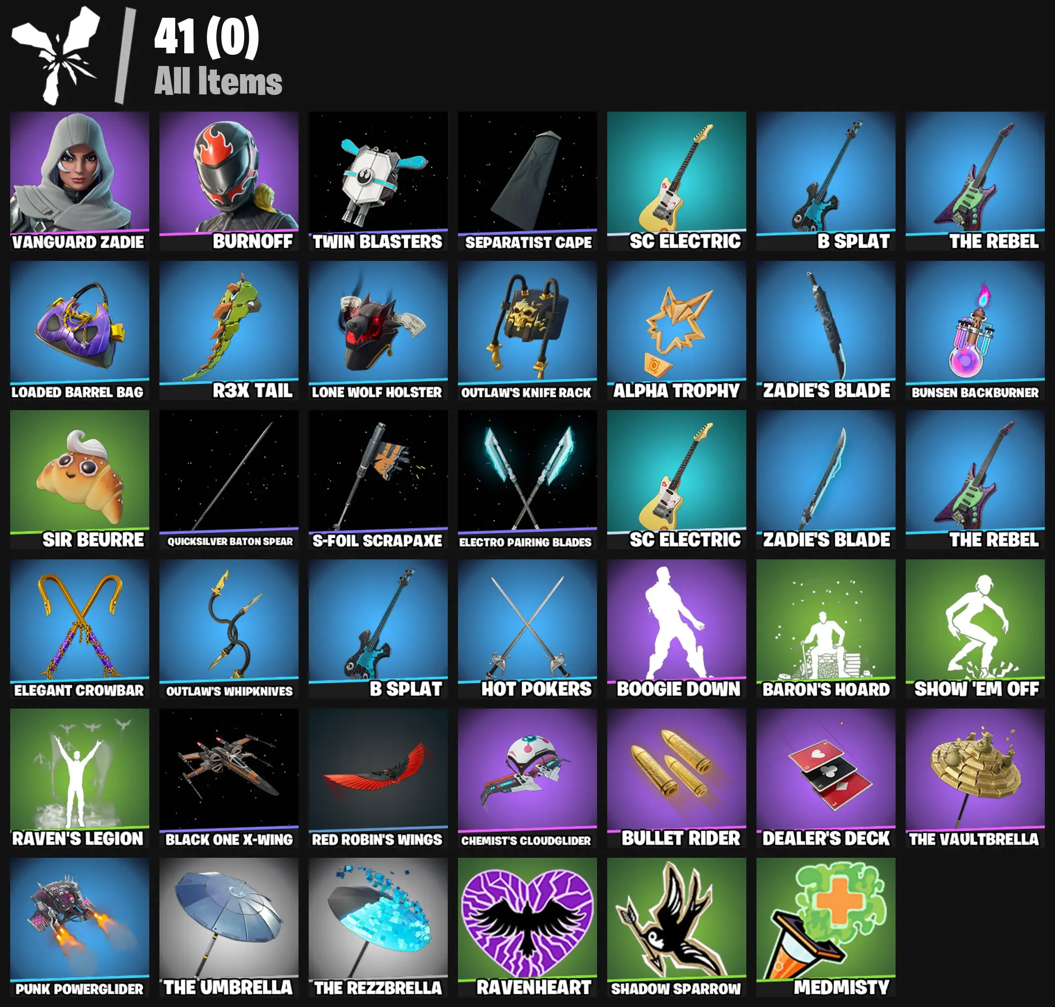 [PC/PSN/XBOX] 2 skins | Vanguard Zadie | Burnoff | Twin Blasters | Separatist Cape | SC Electric | B Splat | The Rebel | Loaded Barrel Bag | 300 VB