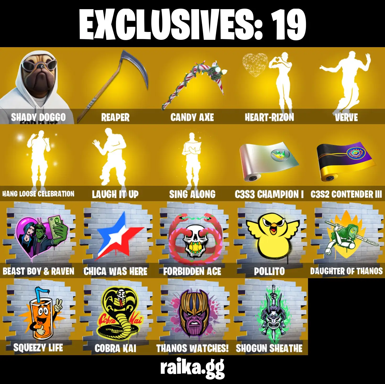 [PC/PSN/XB] 170 Stacked skins | Shady Doggo | Reaper | Laugh it up| Candy Axe | Lara Croft | Recon Expert | Yellow jacket | Kor| 750 VB