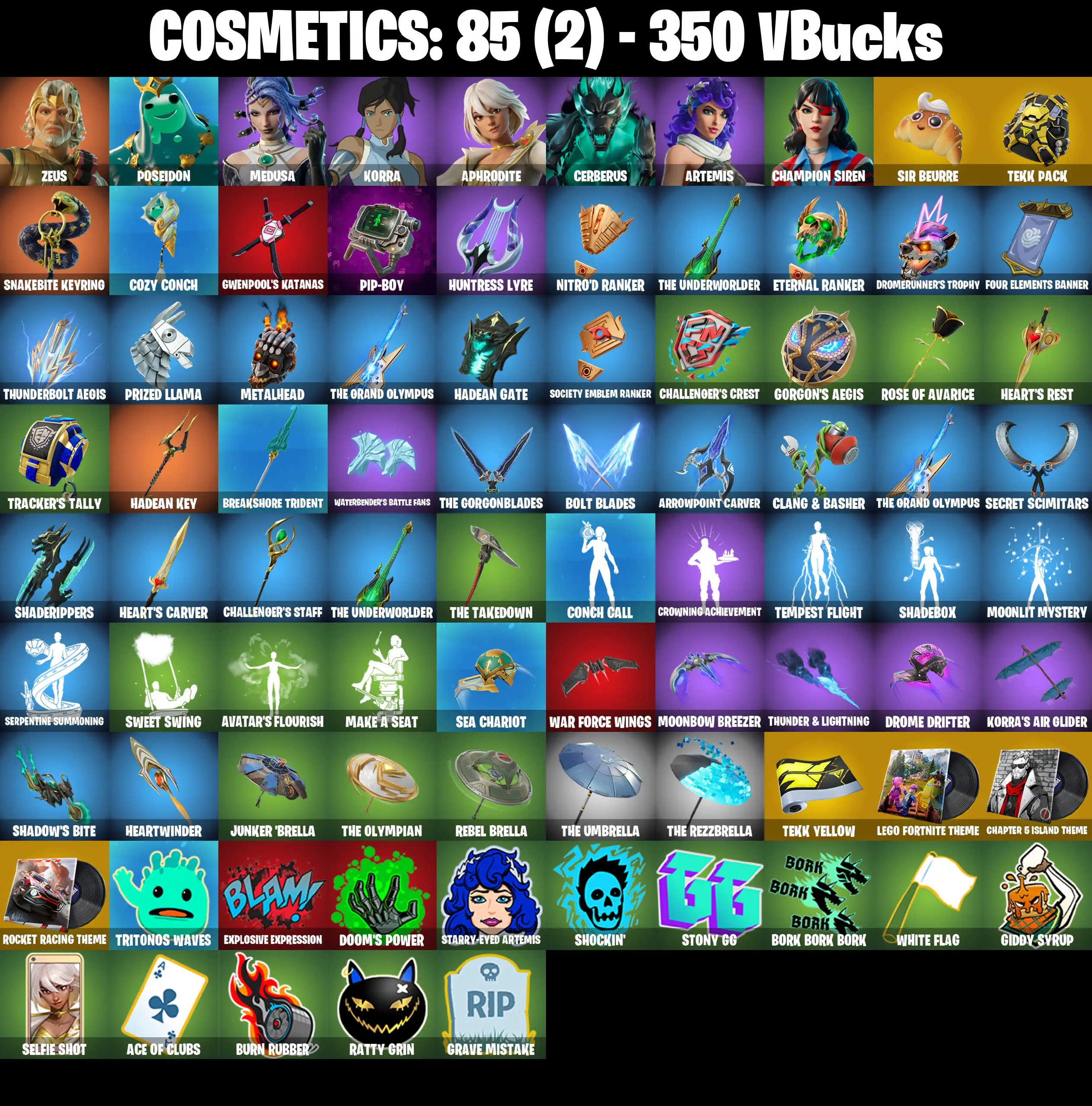 [PC/PSN/XBOX] 8 Skins | Aphrodite | Zeus | Artemis | Champion Siren | Poseidon | Korra | Medusa | Cerberus | 350 VB