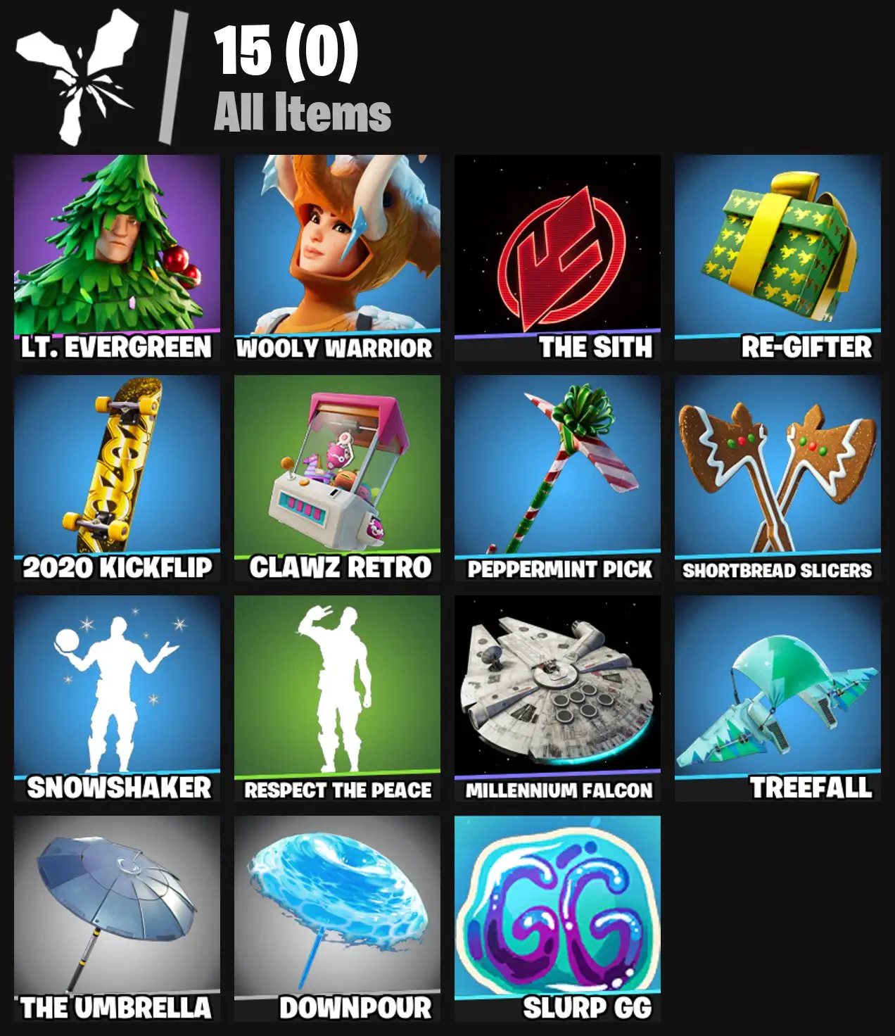 [PC/PSN/XBOX] 2 skins | Lt. Evergreen | Wooly Warrior | The Sith | Re-gifter | 2020 Kickflip | Clawz Retro | Peppermint Pick | Shortbread Slicers | 100 VB