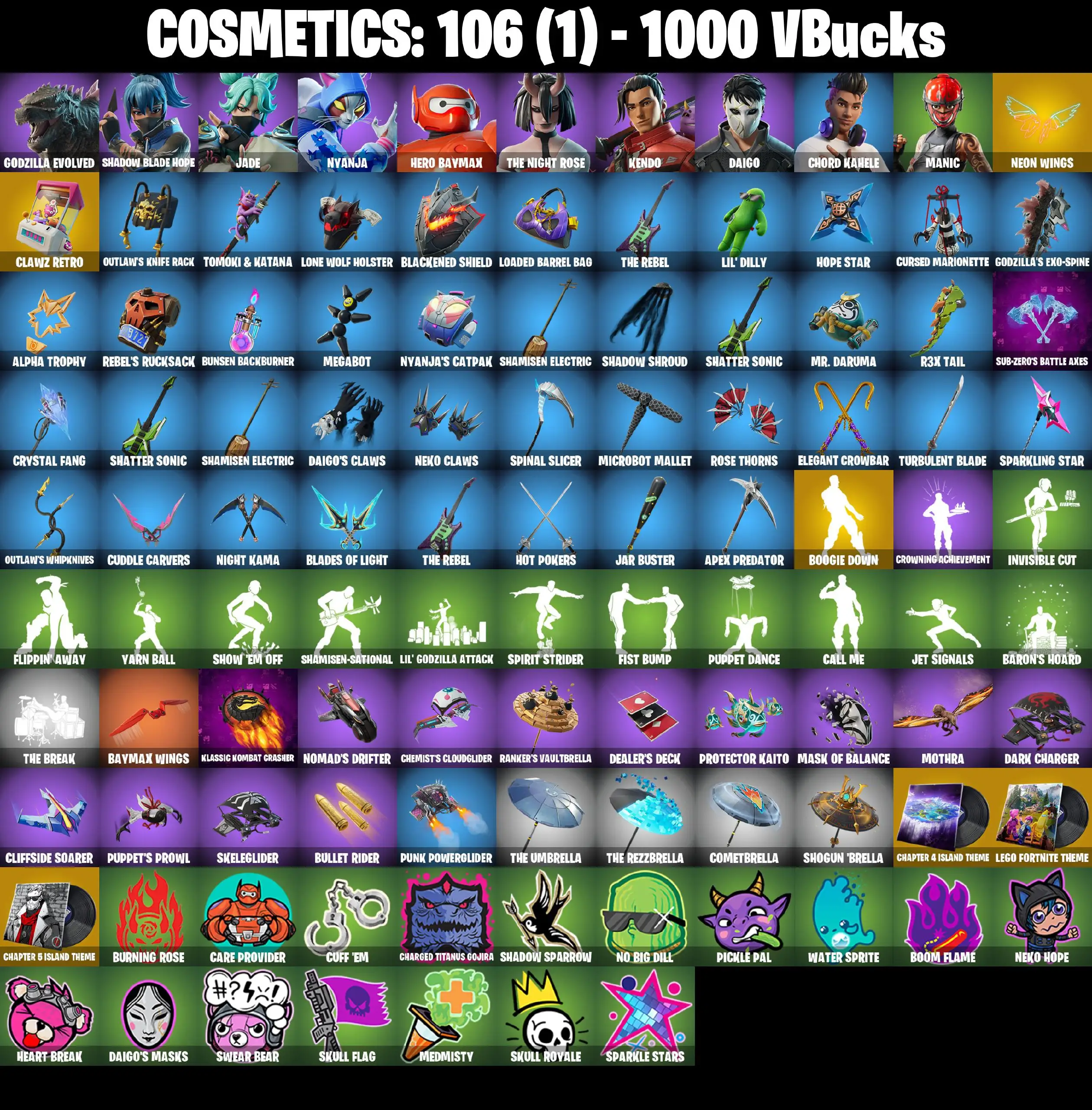 [PC/XBOX] 10 Skins | Shadow Blade Hope | Chord Kahele | Nyanja | The Night Rose | Kendo | Godzilla Evolved | Hero Baymax | Jade