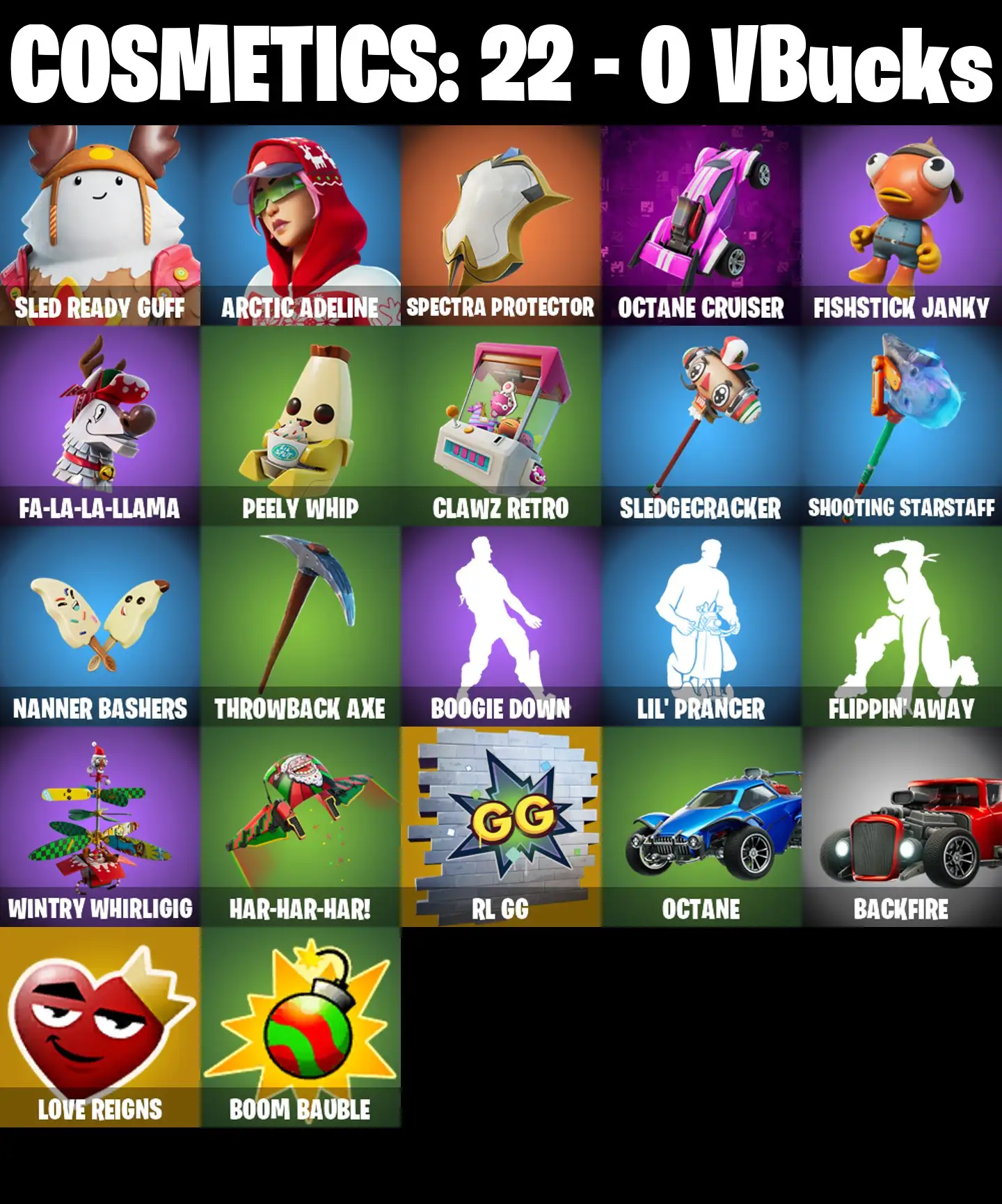 [PC/PSN/XBOX] 2 skins | Sled Ready Guff | Arctic Adeline | Spectra Protector | Octane Cruiser | Fishstick Janky | Fa-la-la-Llama | Peely Whip | 0 VB