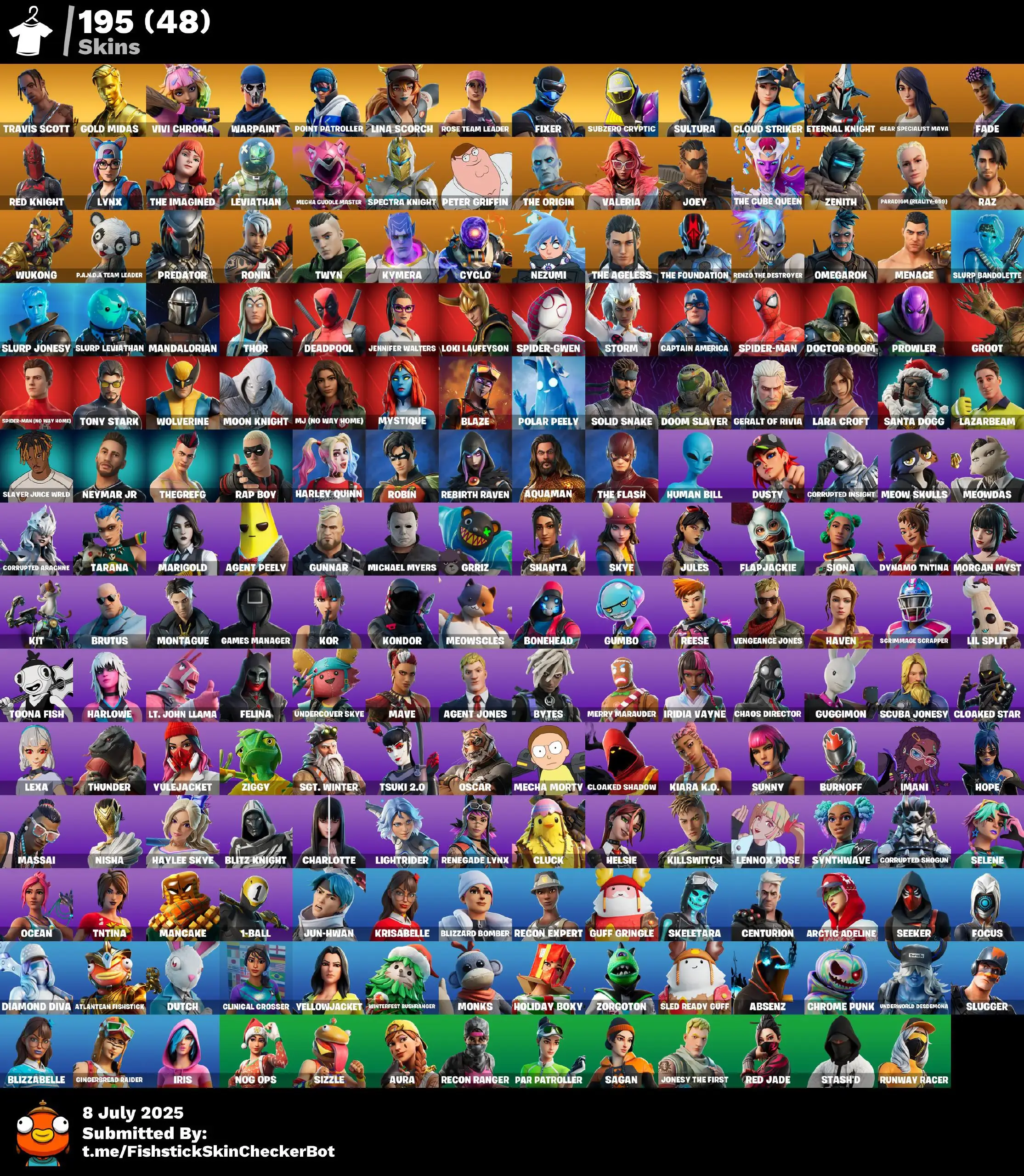 195 Skins · 48 Paid · Stacked with Collabs & OGs | Rose Team Leader, Travis Scott, Spider-Gwen, Midas