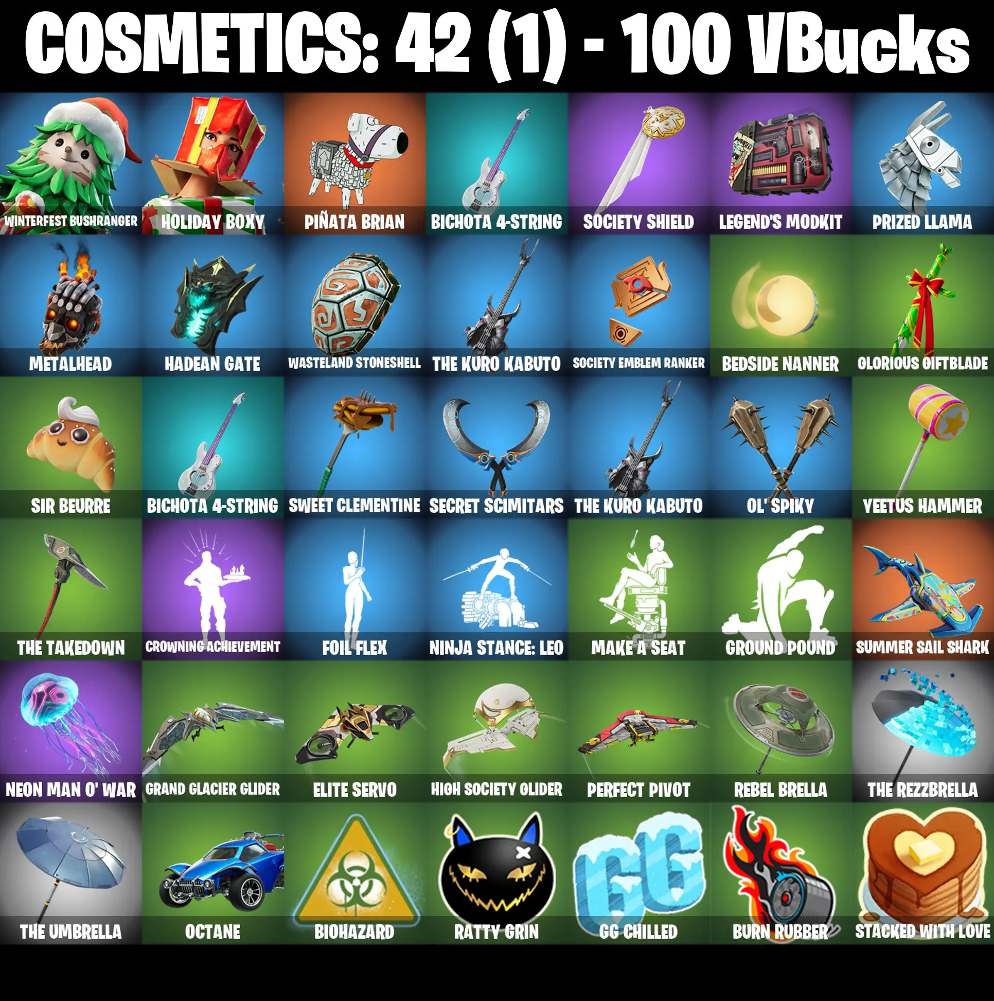 [PC/PSN/XBOX] 2 skins | Winterfest Bushranger | Holiday Boxy | Piñata Brian | Bichota 4-String | Society Shield | Legend's Modkit | Prized Llama | 100 VB