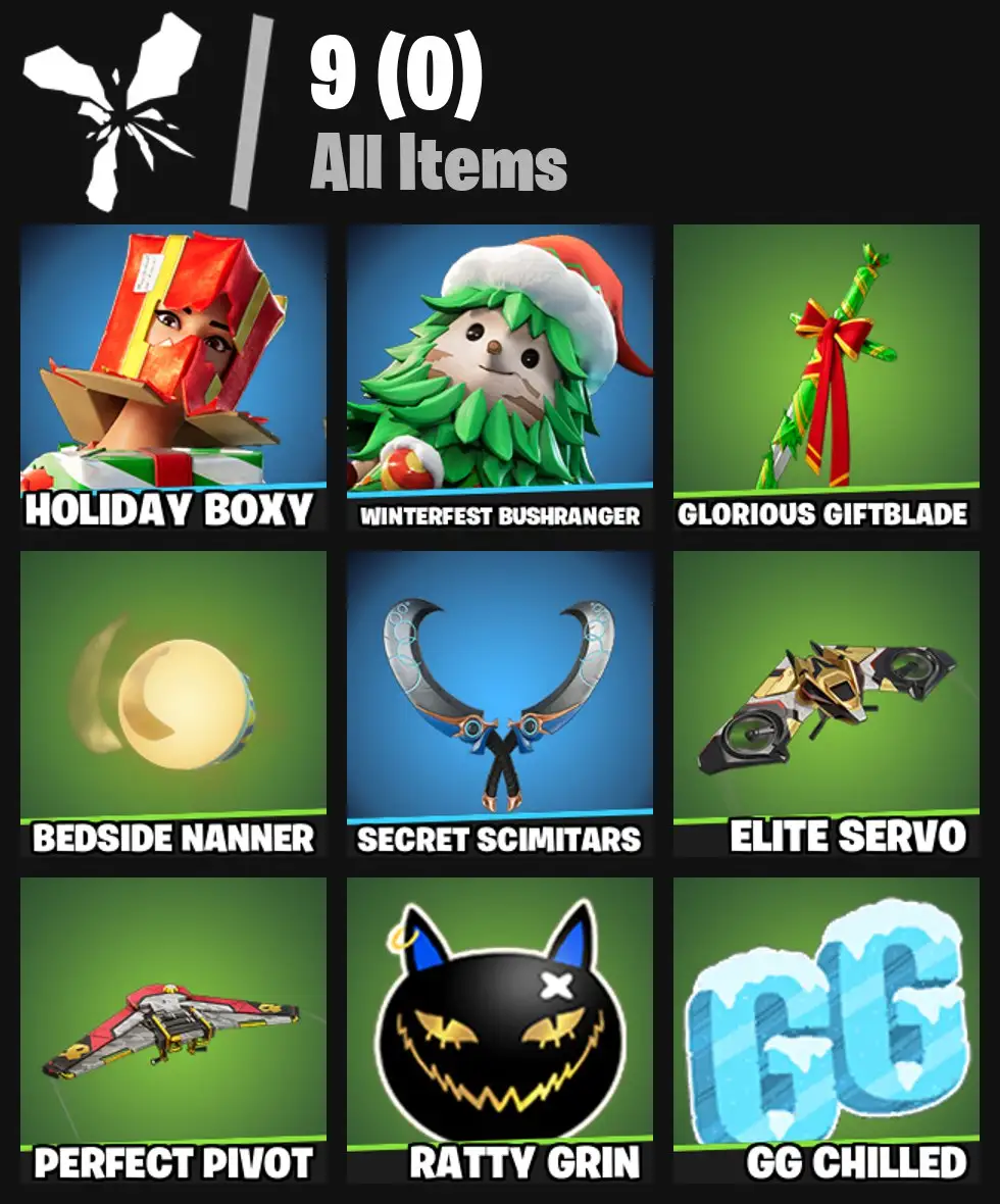 [PC/PSN/XBOX] 2 skins | Holiday Boxy | Winterfest Bushranger | Glorious Giftblade | Bedside Nanner | Secret Scimitars | Elite Servo | Perfect Pivot | 100 VB