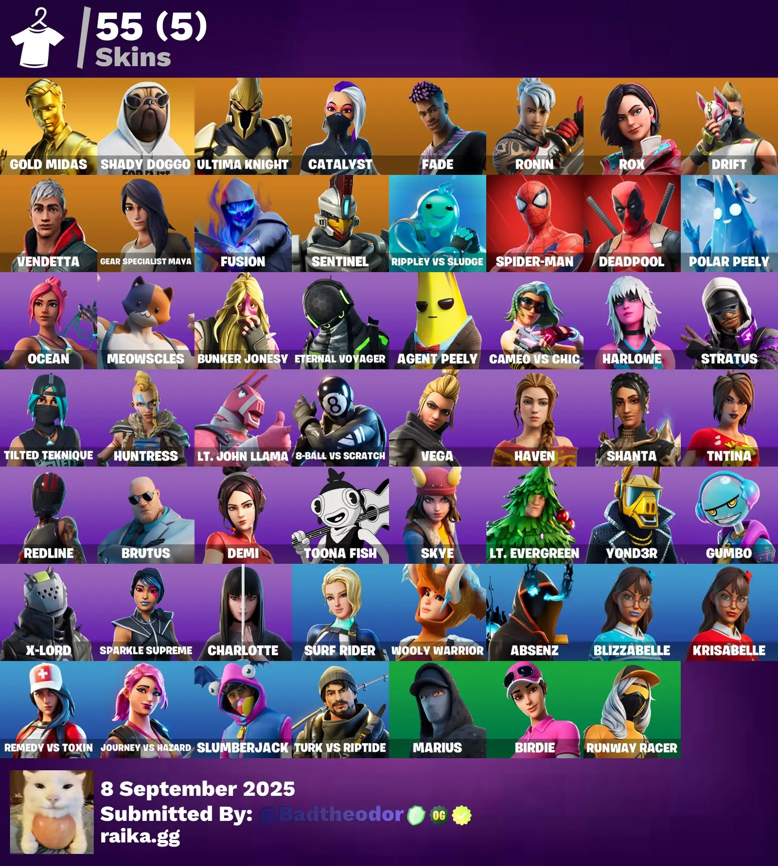 [PC/PSN/XBOX] 55 skins | Gold Midas | Shady Doggo | Ultima Knight | Catalyst | Fade | Ronin | Rox | Drift | Vendetta | Gear Specialist Maya | Fusion | 400 VB