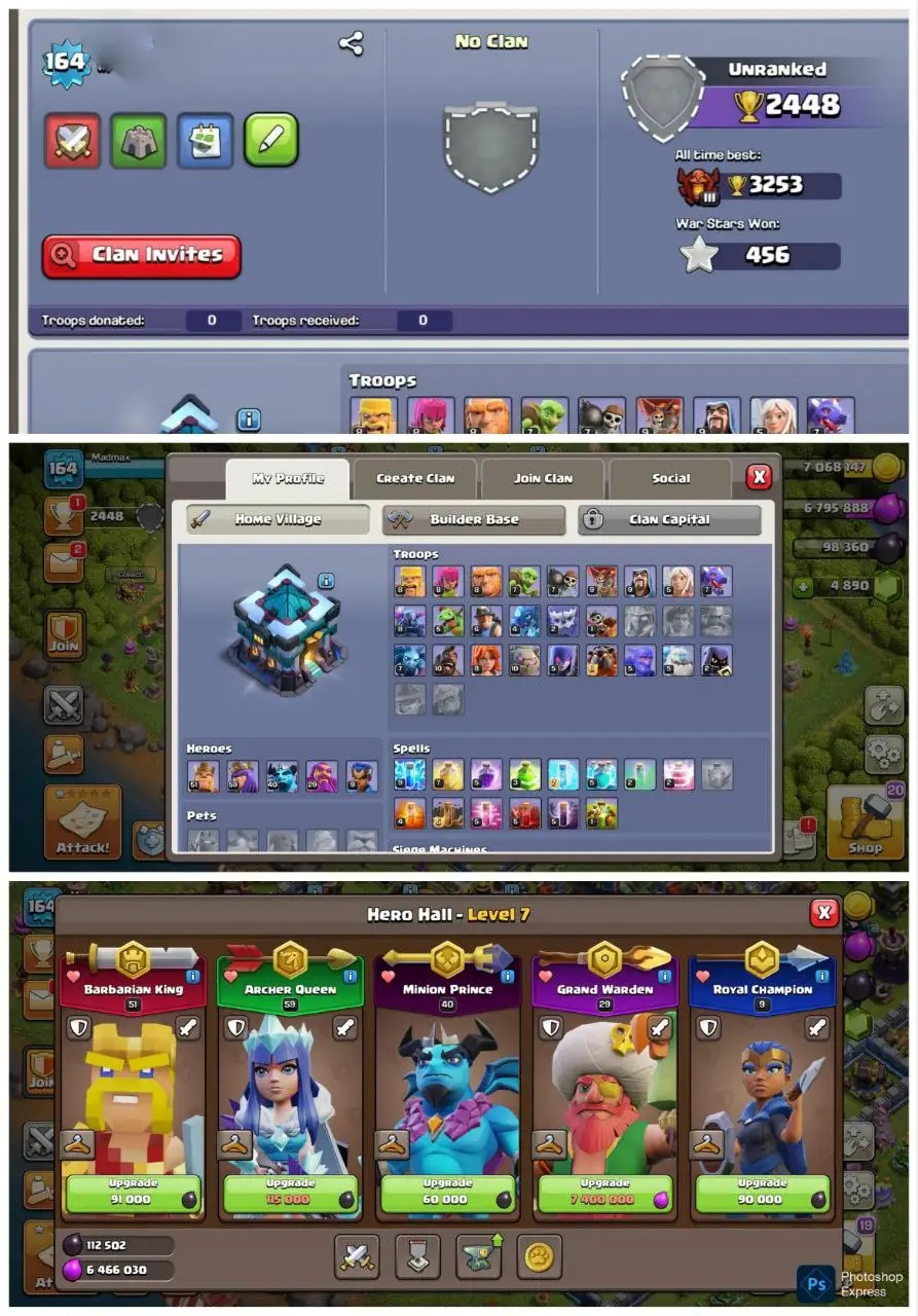 ⚔️ SEMI MAX ⚔️ TH-13 🏰 👑 51-59-40-29-9 HEROES 👑 🎯 ATB 3253 🎯 💎 GEMS 4890 💎