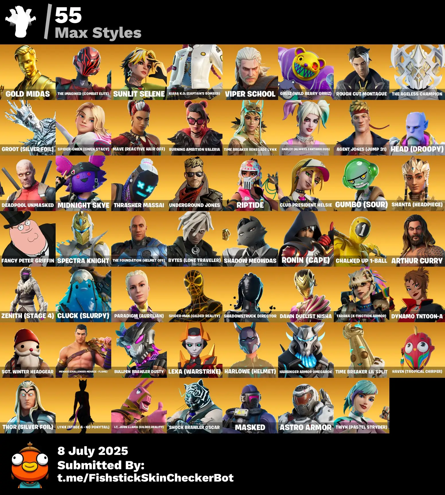 195 Skins · 48 Paid · Stacked with Collabs & OGs | Rose Team Leader, Travis Scott, Spider-Gwen, Midas