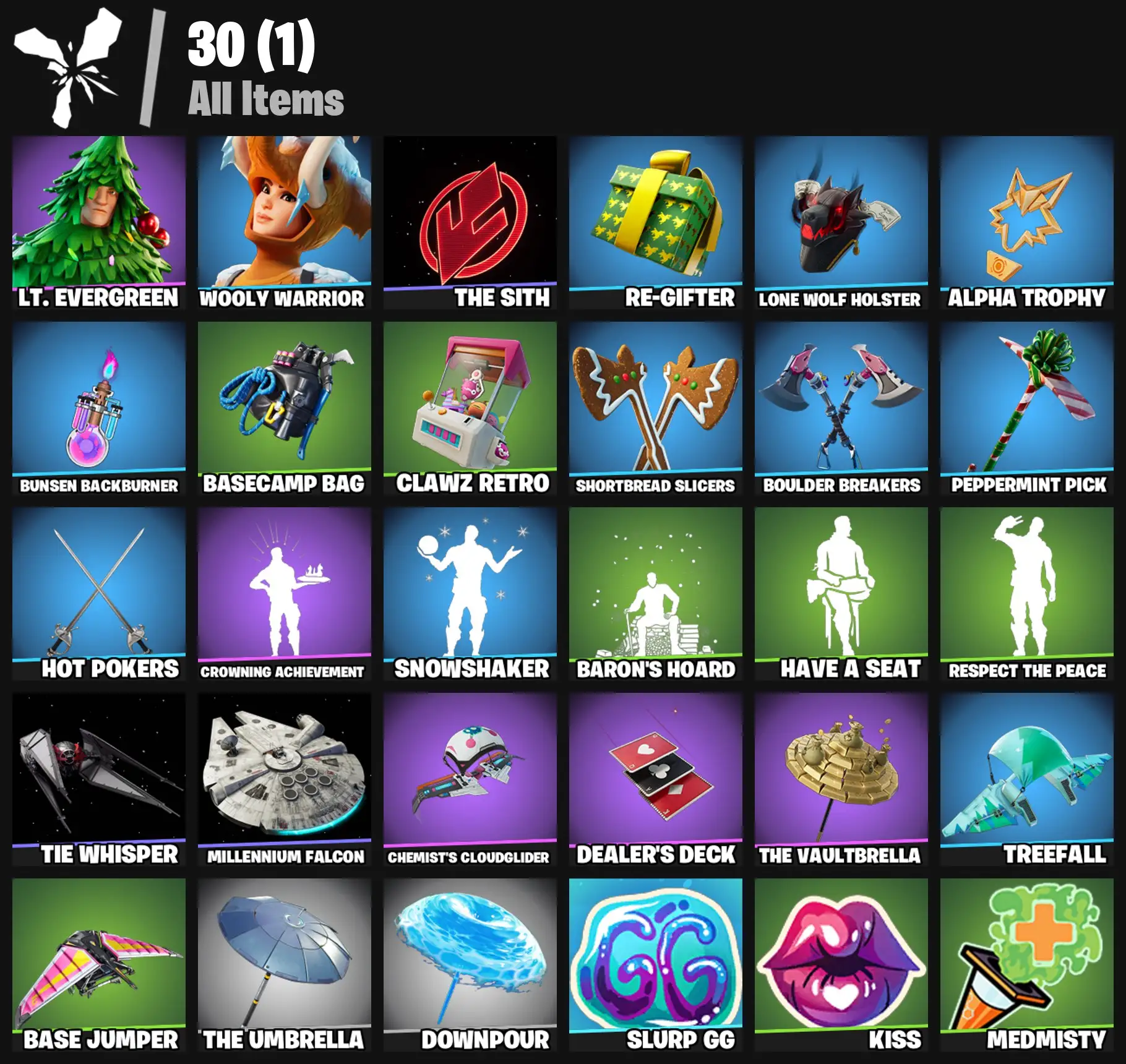 [PC/PSN/XBOX] 2 skins | Lt. Evergreen | Wooly Warrior | The Sith | Re-gifter | Lone Wolf Holster | Alpha Trophy | Bunsen Backburner | Basecamp Bag | 100 VB