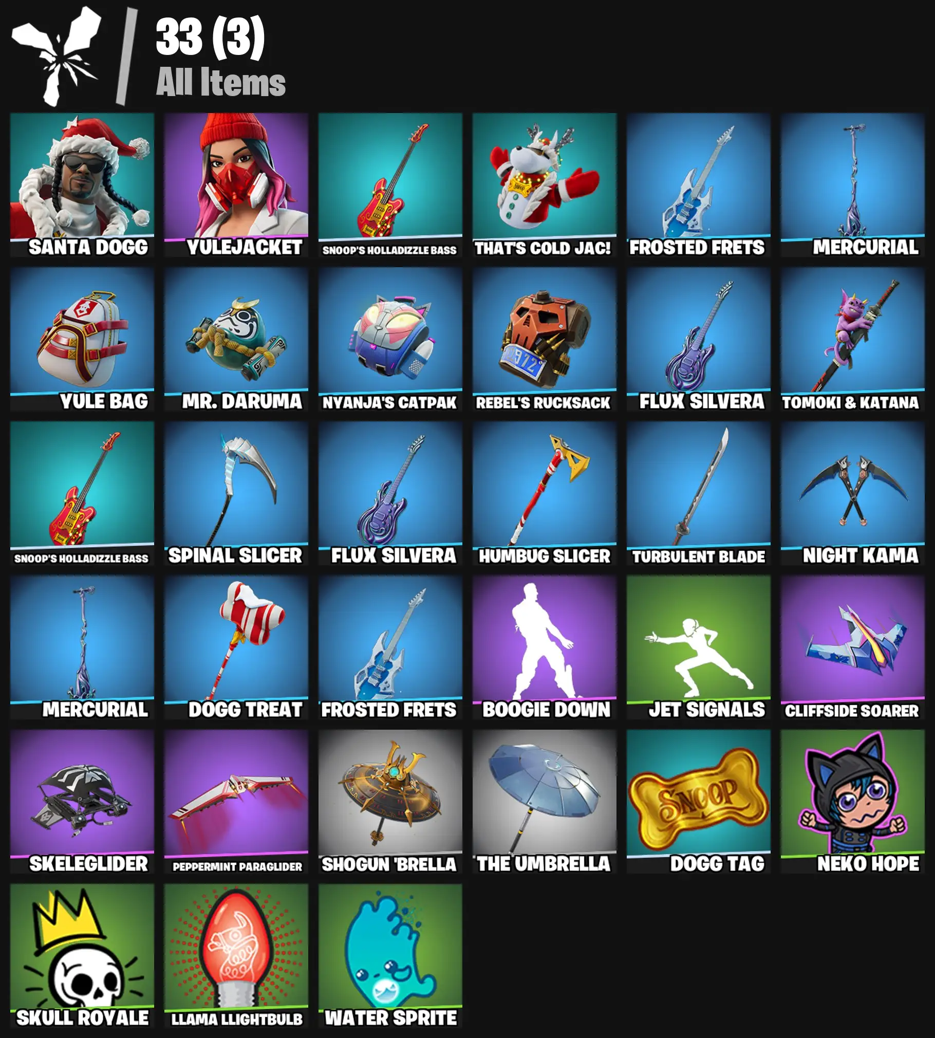 [PC/PSN/XBOX] 2 skins | Santa Dogg | Yulejacket | Snoop's Holladizzle Bass | That's Cold Jac! | Frosted Frets | Mercurial | Yule Bag | Mr. Daruma | 100 VB