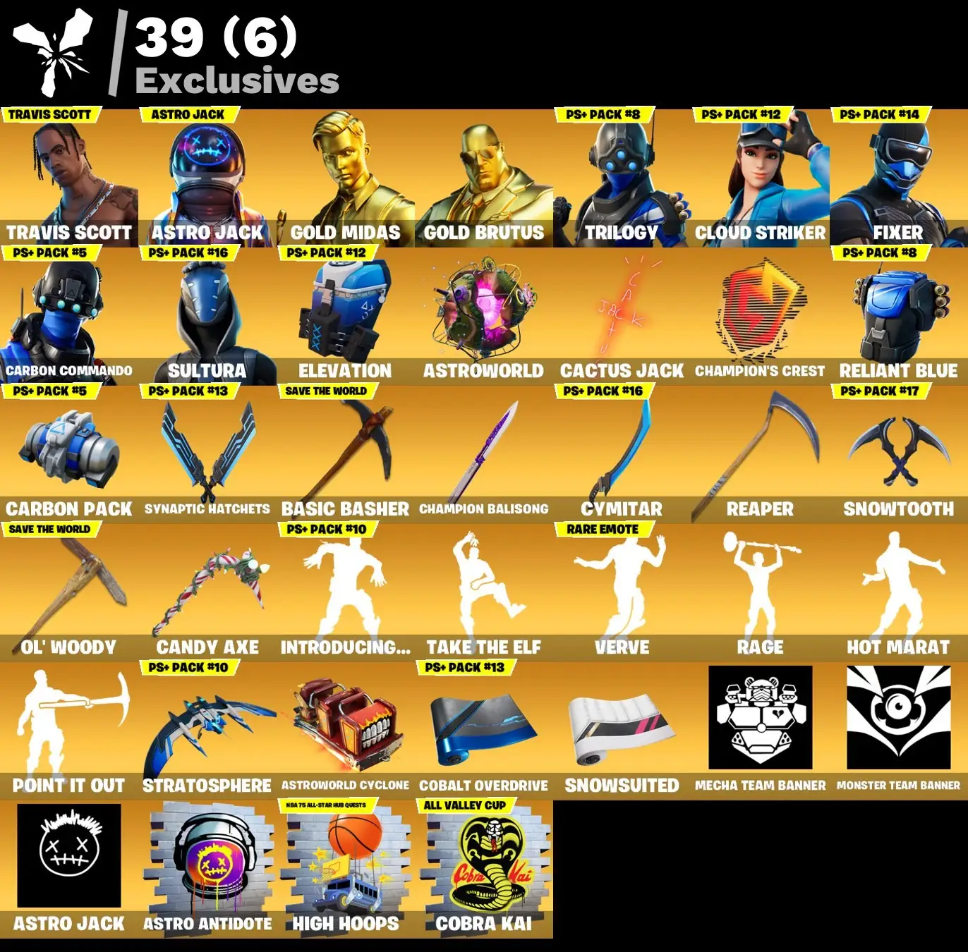 160 skins | Travis Scott | Astro Jack | Renegade Raider | Aerial Assault Trooper | Gold Midas | Gold Brutus | Trilogy | Cloud Striker | Fixer | 500 VB