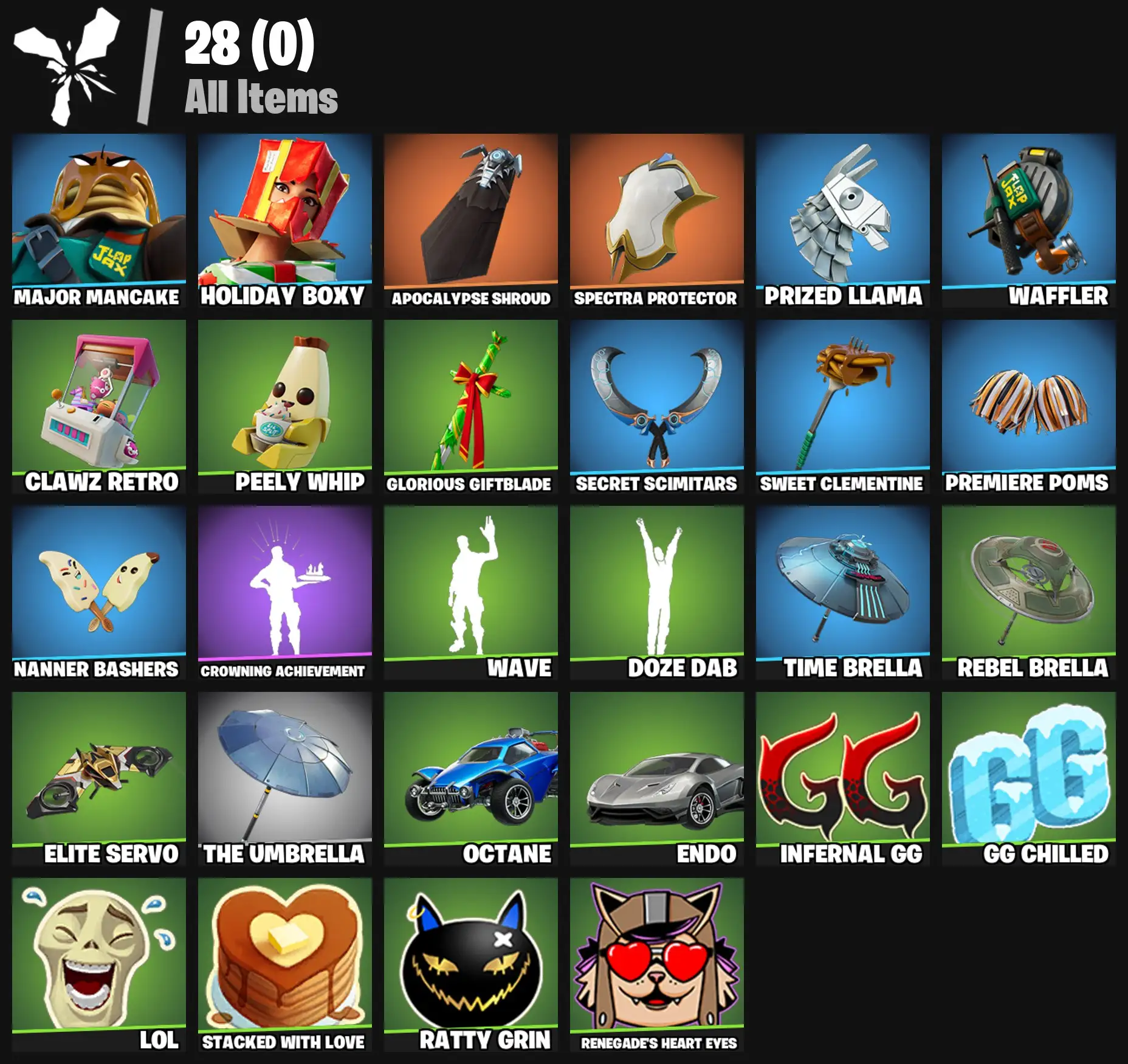 [PC/PSN/XBOX] 2 skins | Major Mancake | Holiday Boxy | Apocalypse Shroud | Spectra Protector | Prized Llama | Waffler | Clawz Retro | Peely Whip | 100 VB