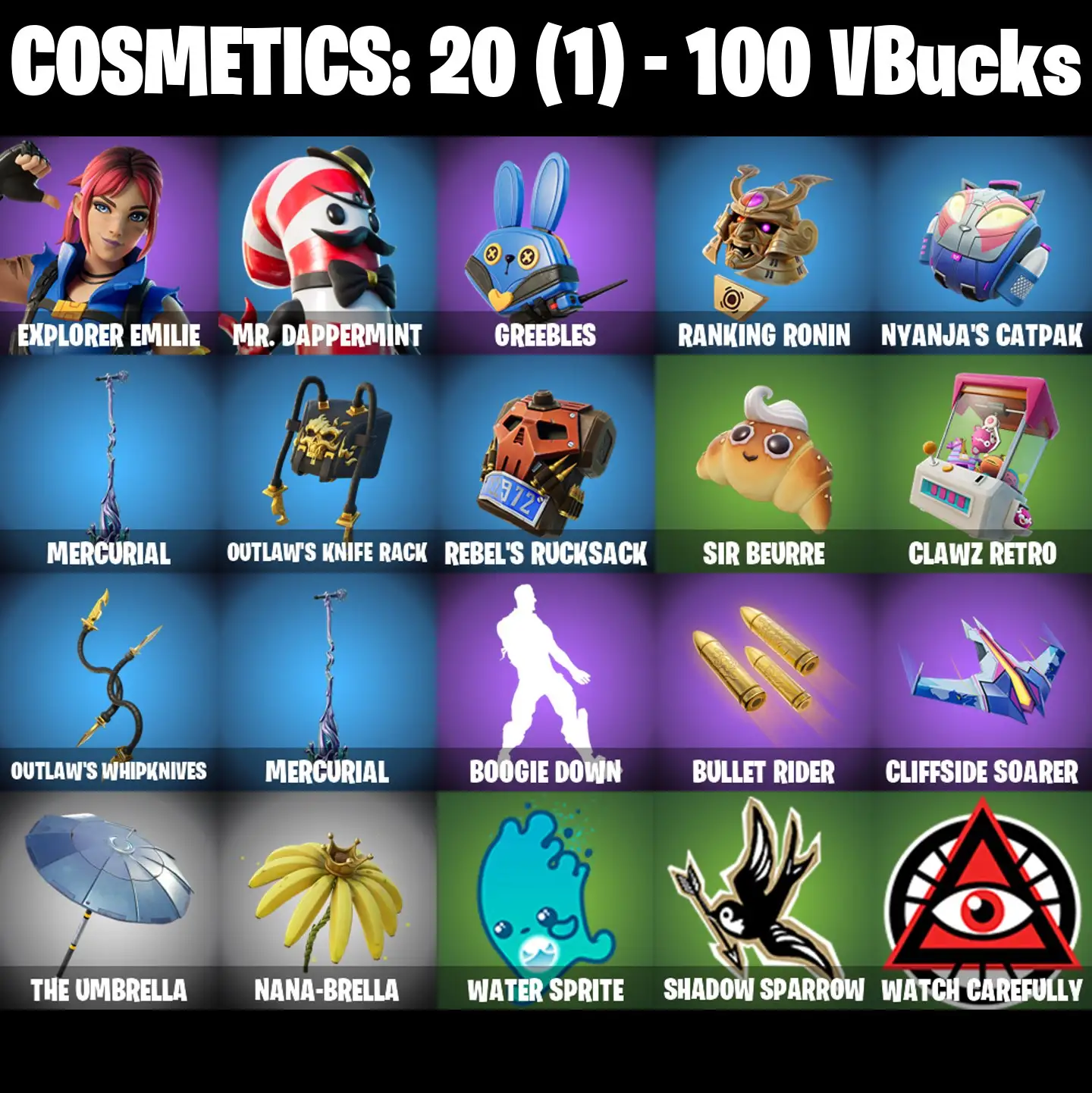 [PC/PSN/XBOX] 2 skins | Explorer Emilie | Mr. Dappermint | Greebles | Ranking Ronin | Nyanja's Catpak | Mercurial | Outlaw's Knife Rack | 100 VB