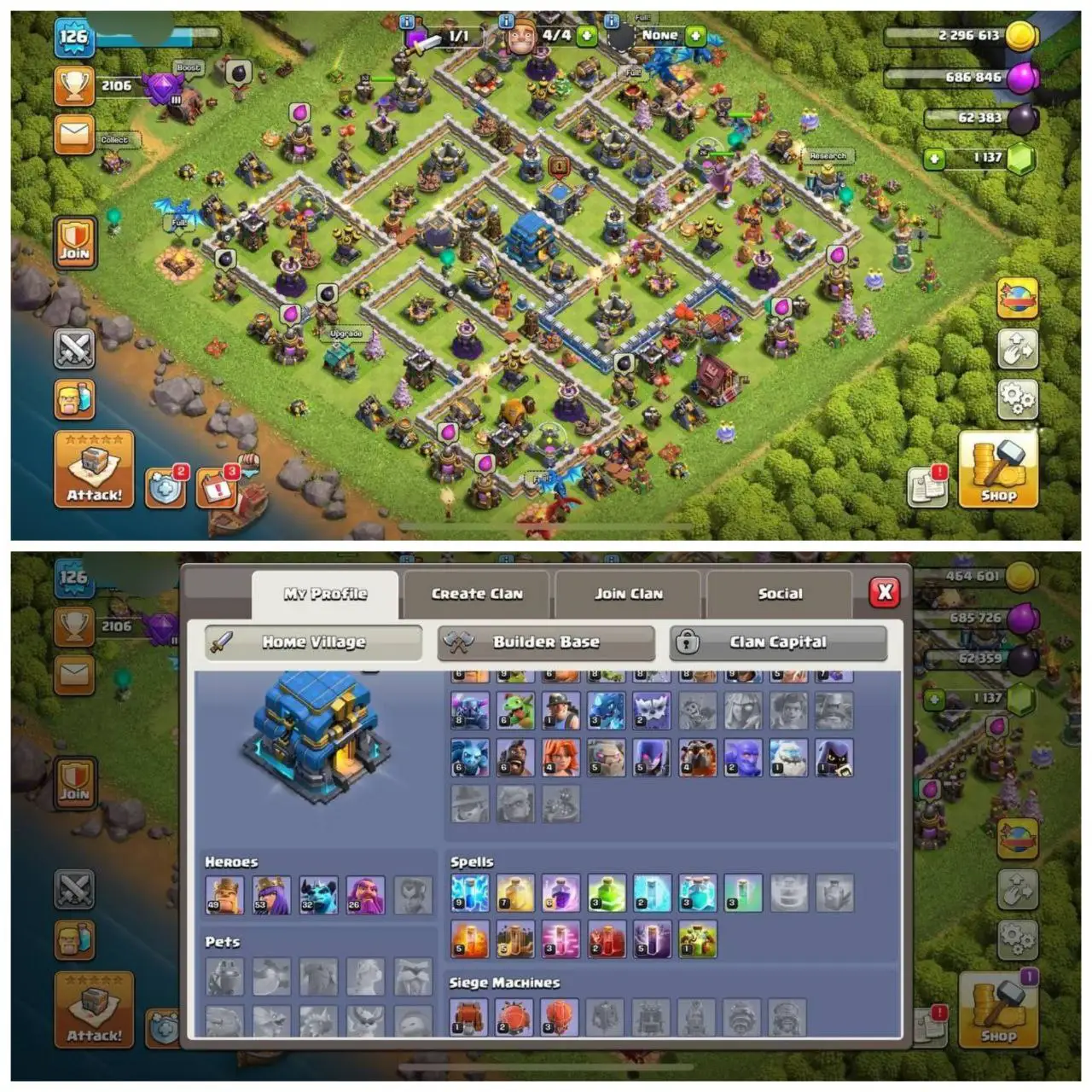 {CRAZY ACCOUNT} TH12 SEMI MAX⚡️XP- 126⚡️HERO 49-53-32-26⚡️WHITE WALLS⚡️DECENT EQUIPMENTS⚡️NC 500⚡️MAGIC ITEMS⚡️2 SKINS⚡️INSTANT DELIVERY 🚚
