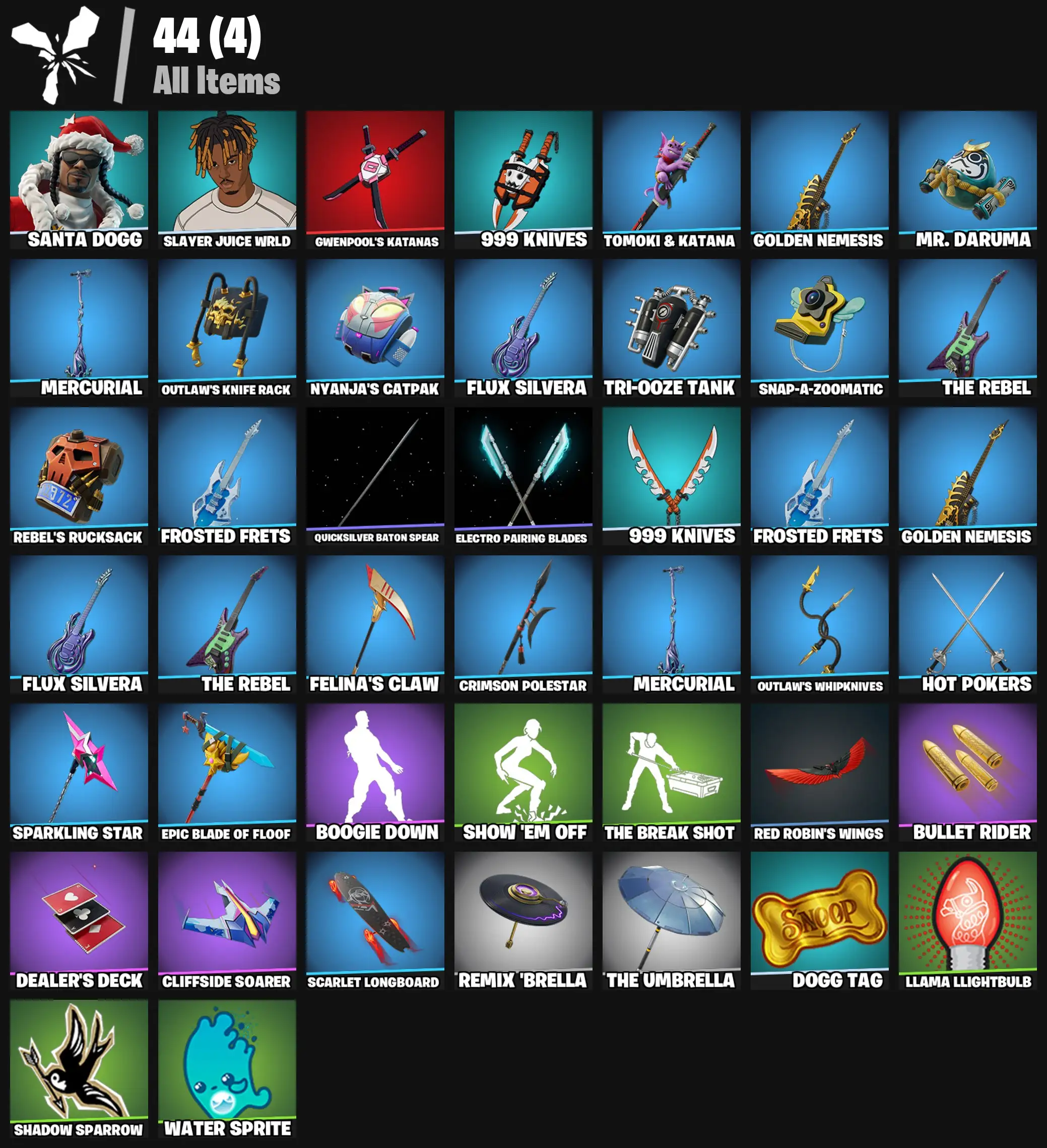 [PC/PSN/XBOX] 2 skins | Santa Dogg | Slayer Juice WRLD | Gwenpool's Katanas | 999 Knives | Tomoki & Katana | Golden Nemesis | Mr. Daruma | Mercurial | 300 VB