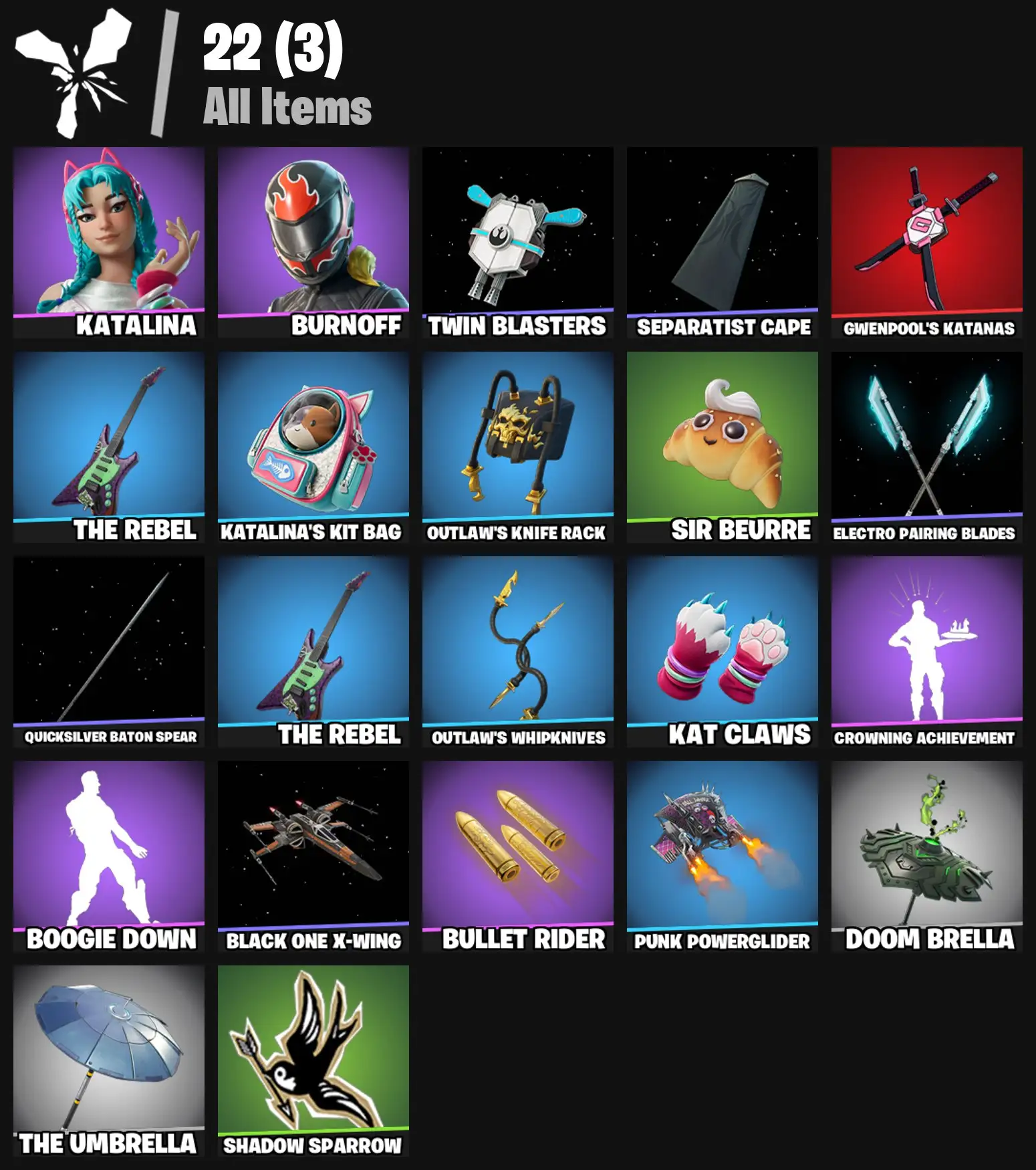 [PC/PSN/XBOX] 2 skins | Katalina | Burnoff | Twin Blasters | Separatist Cape | Gwenpool's Katanas | The Rebel | Katalina's Kit Bag | 100 VB