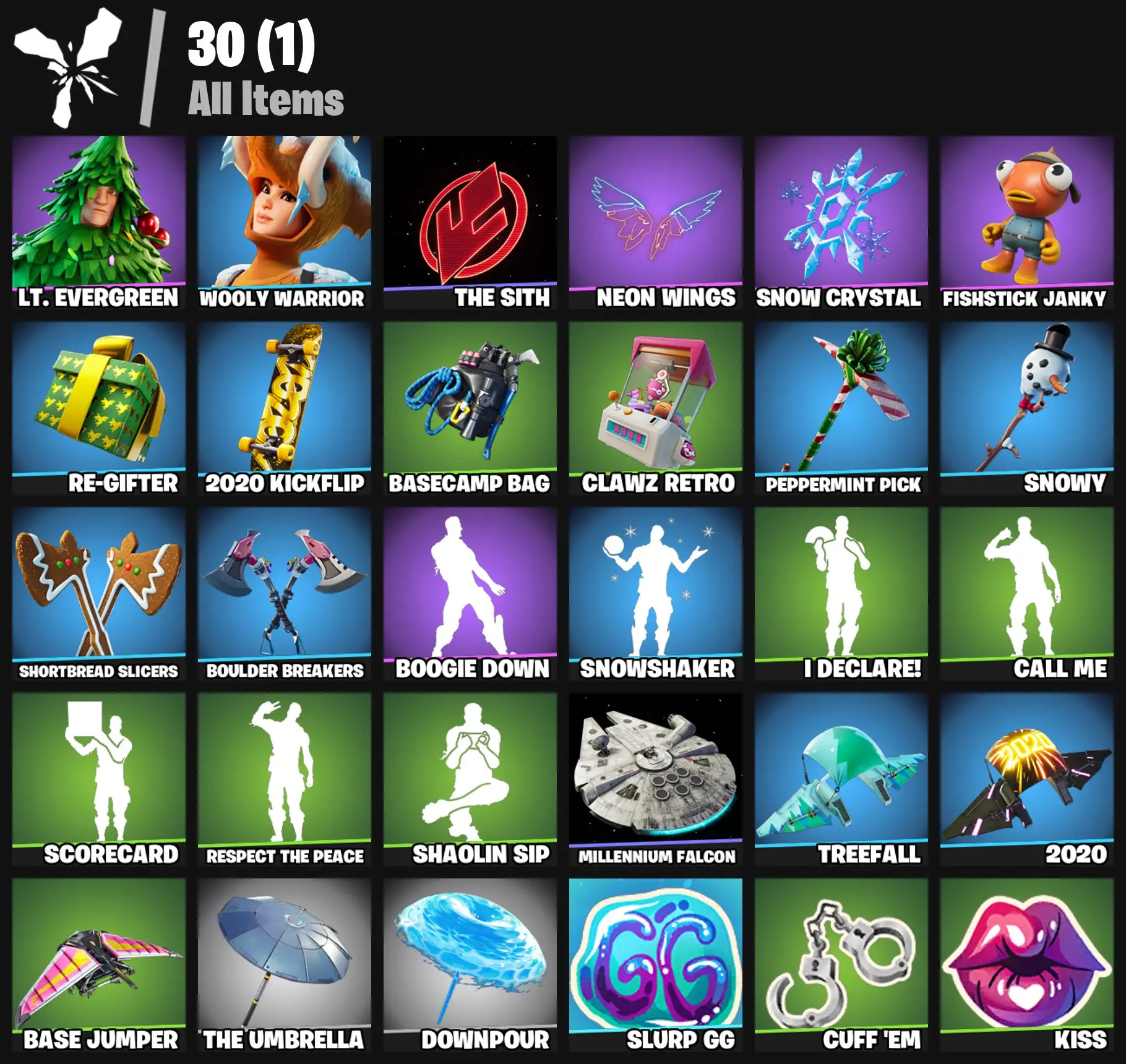 [PC/PSN/XBOX] 2 skins | Lt. Evergreen | Wooly Warrior | The Sith | Neon Wings | Snow Crystal | Fishstick Janky | Re-gifter | 2020 Kickflip | 100 VB