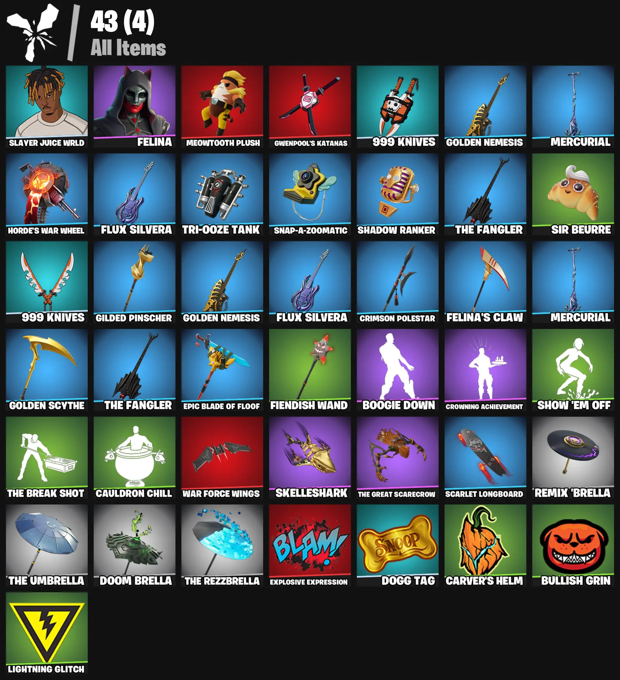 [PC/PSN/XBOX] 2 skins | Slayer Juice WRLD | Felina | Meowtooth Plush | Gwenpool's Katanas | 999 Knives | Golden Nemesis | Mercurial | 300 VB