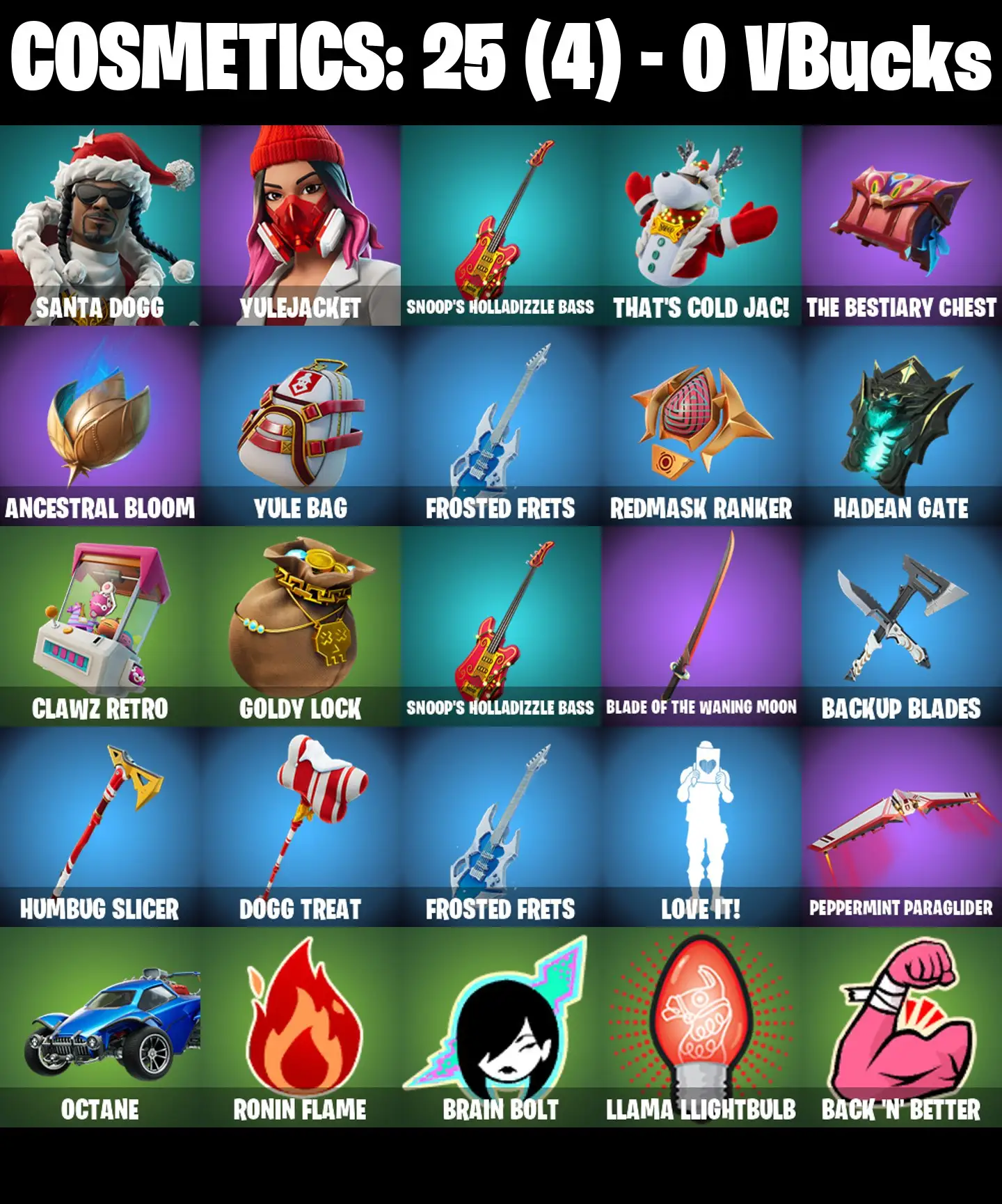[PC/PSN/XBOX] 2 skins | Santa Dogg | Yulejacket | Snoop's Holladizzle Bass | That's Cold Jac! | The Bestiary Chest | Ancestral Bloom | Yule Bag | 0 VB