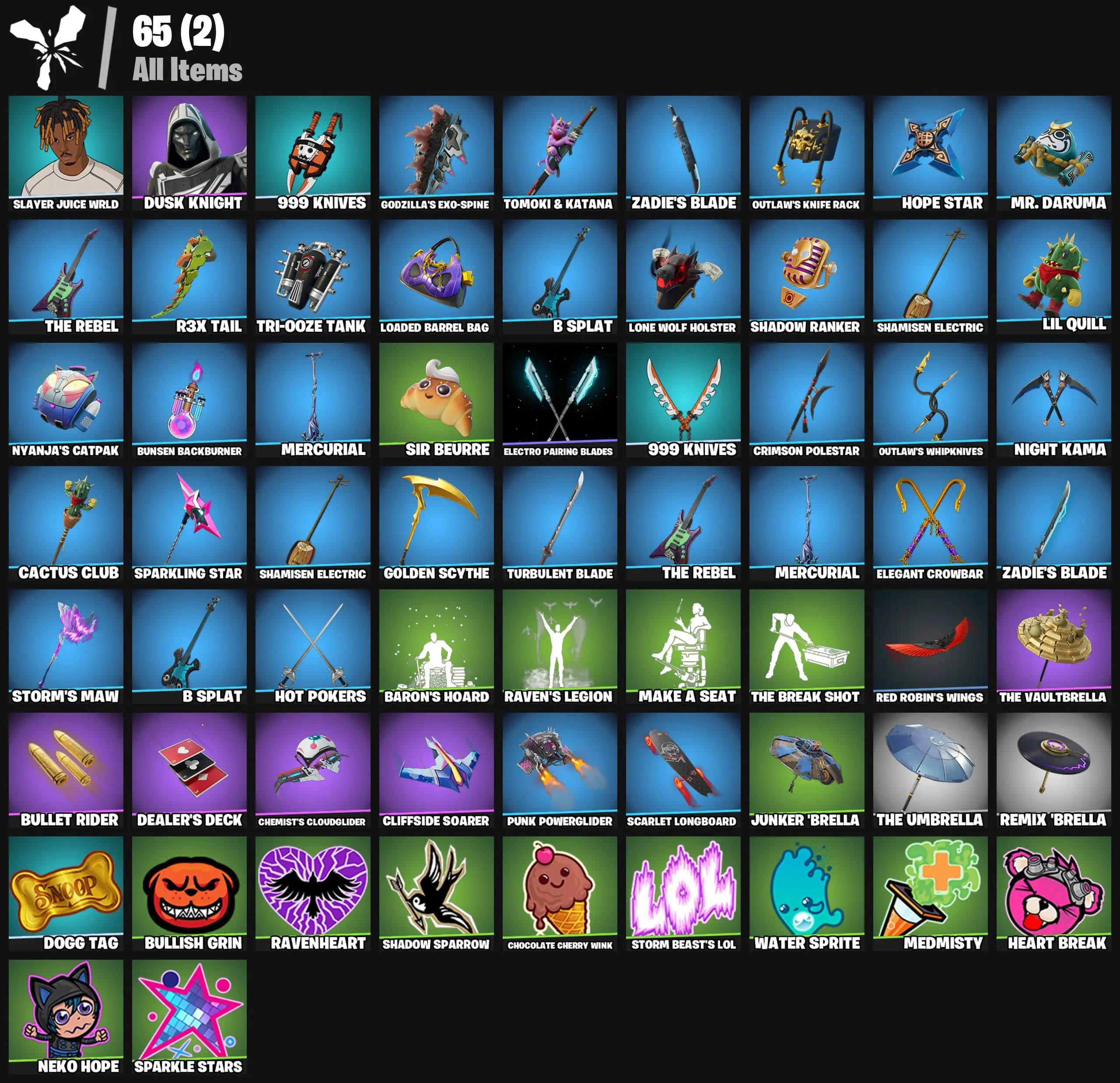 [PC/PSN/XBOX] 2 skins | Slayer Juice WRLD | Blitz Knight | 999 Knives | Godzilla's Exo-Spine | Tomoki & Katana | Zadie's Blade | Outlaw's Knife Rack | 500 VB