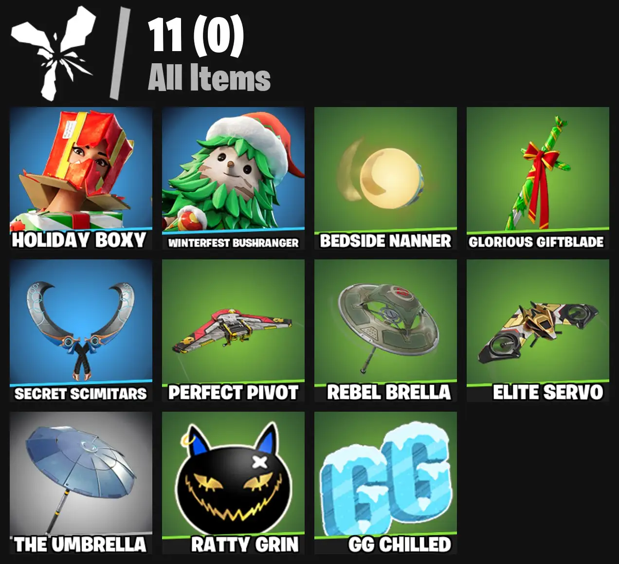 [PC/PSN/XBOX] 2 skins | Holiday Boxy | Winterfest Bushranger | Bedside Nanner | Glorious Giftblade | Secret Scimitars | Perfect Pivot | Rebel Brella | 0 VB
