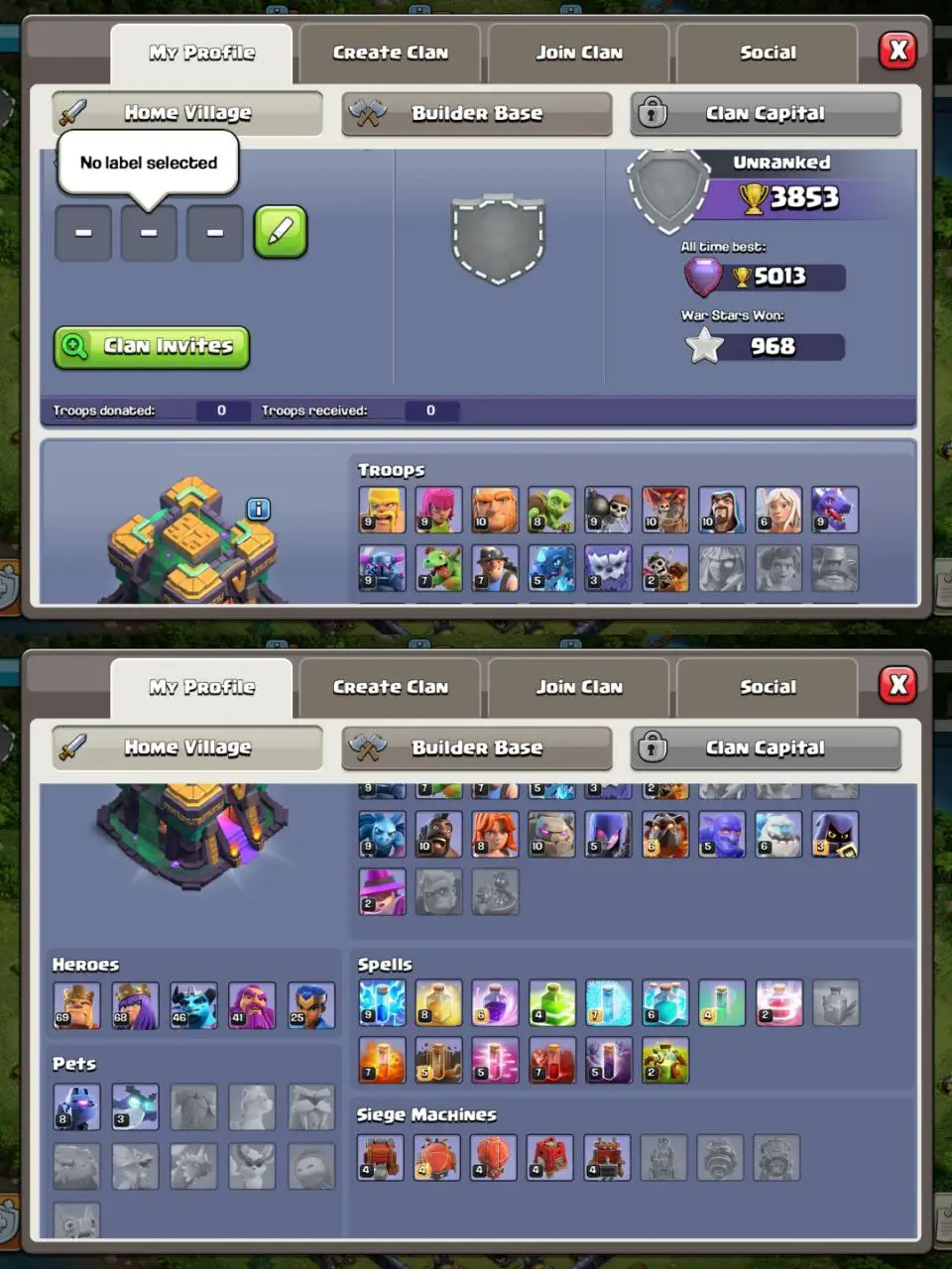 [#815] SEMI-MAX TH 14 | 69-68-46-41-25 HEROES | BEST EQUIPMENT | 4 TOTAL HEROES SKIN | ALL DARK BLUE WALLS | INSTANT DELIVERY