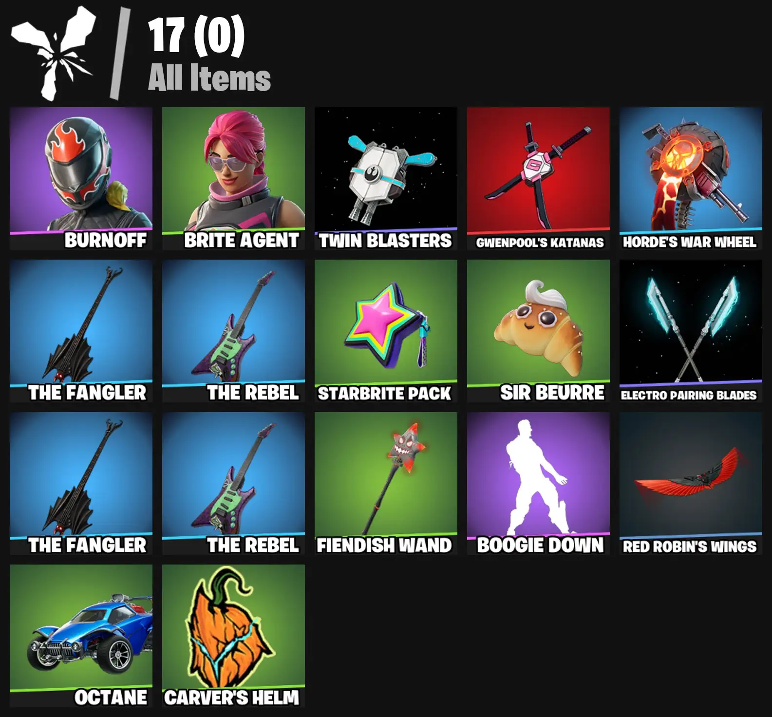 [PC/PSN/XBOX] 2 skins | Burnoff | Brite Agent | Twin Blasters | Gwenpool's Katanas | Horde's War Wheel | The Fangler | The Rebel | Starbrite Pack | 0 VB