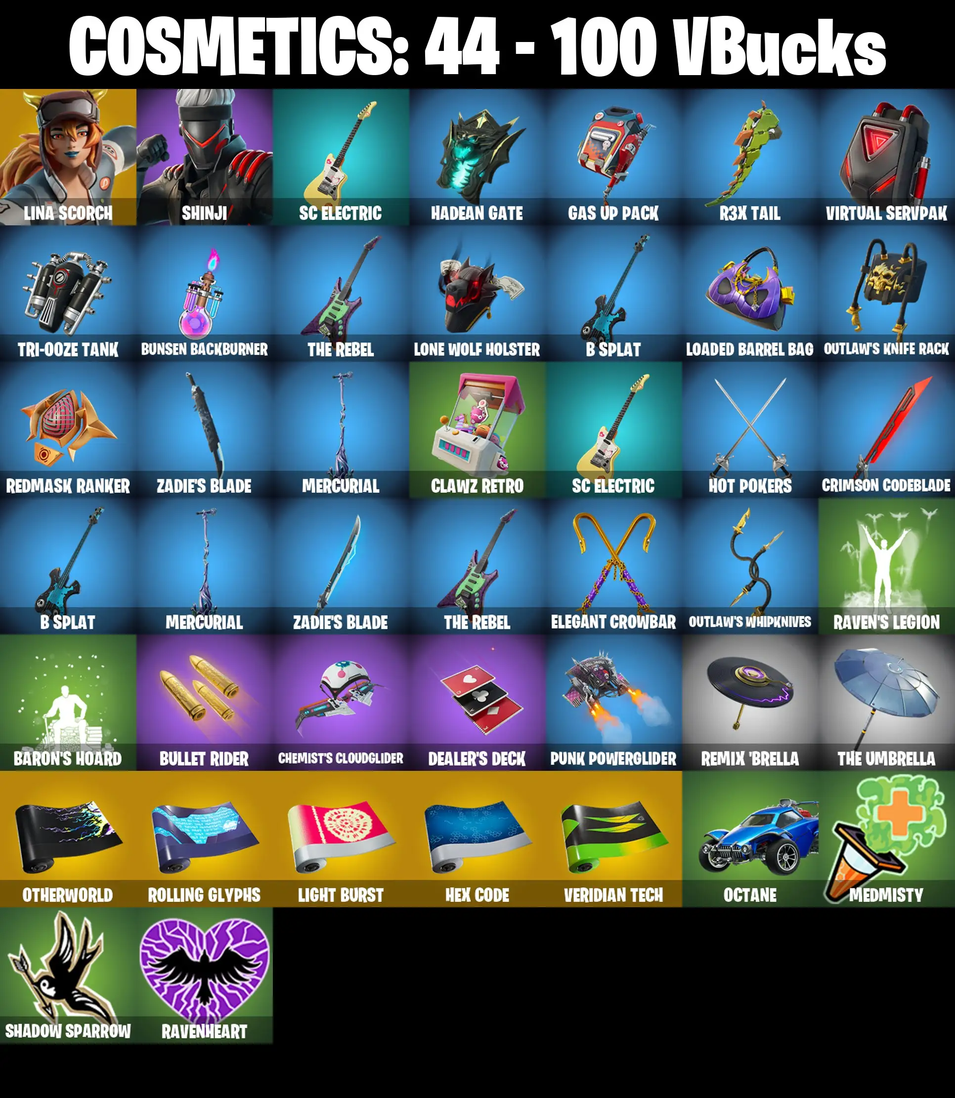 [PC/PSN/XBOX] 2 skins | Lina Scorch | Shinji | SC Electric | Hadean Gate | Gas Up Pack | R3X Tail | Virtual Servpak | Tri-Ooze Tank | 100 VB