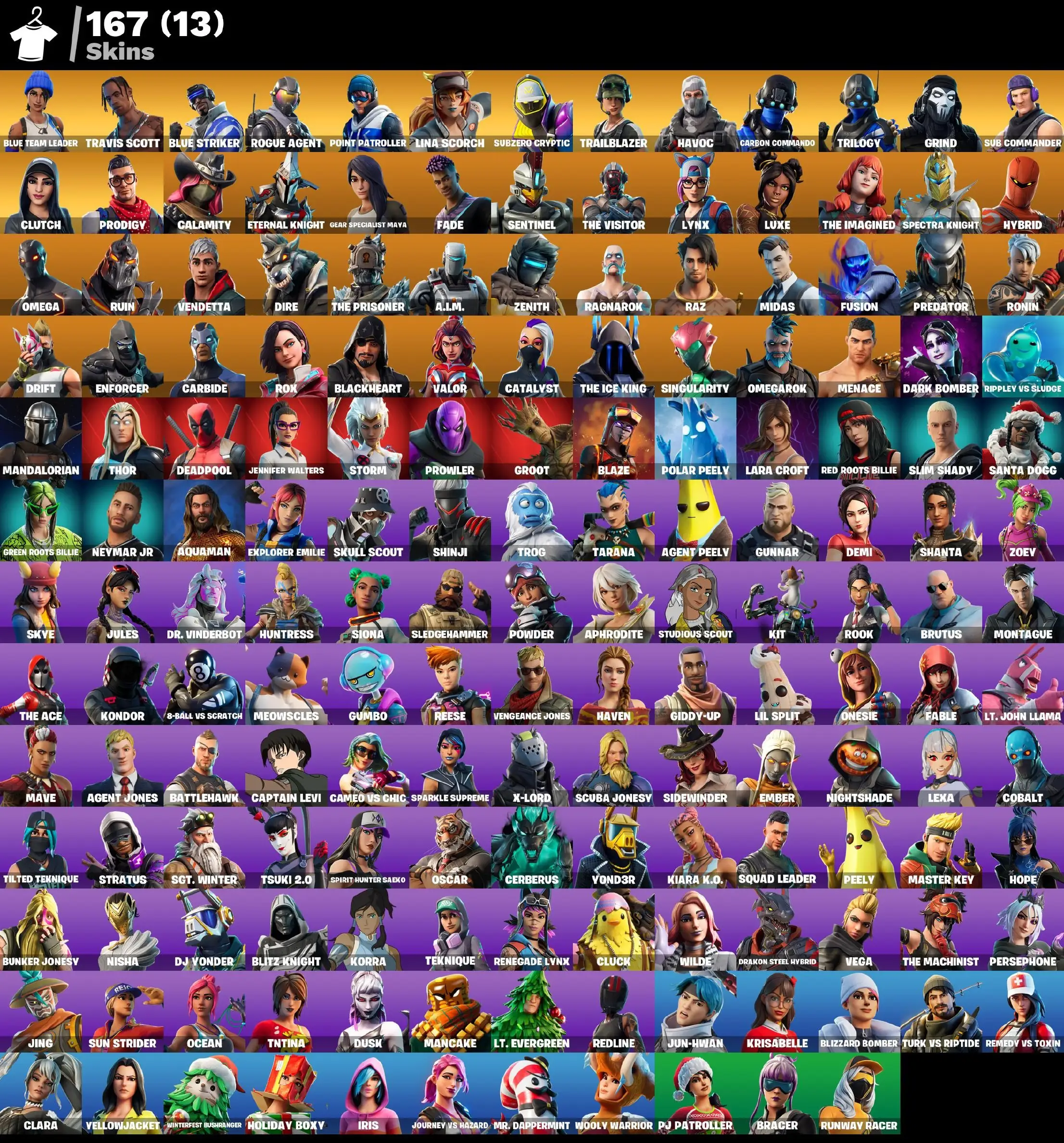 167 skins | Blue Team Leader | Travis Scott | Blue Striker | Rogue Agent | Point Patroller | Lina Scorch | Subzero Cryptic | Trailblazer | 1750 VB
