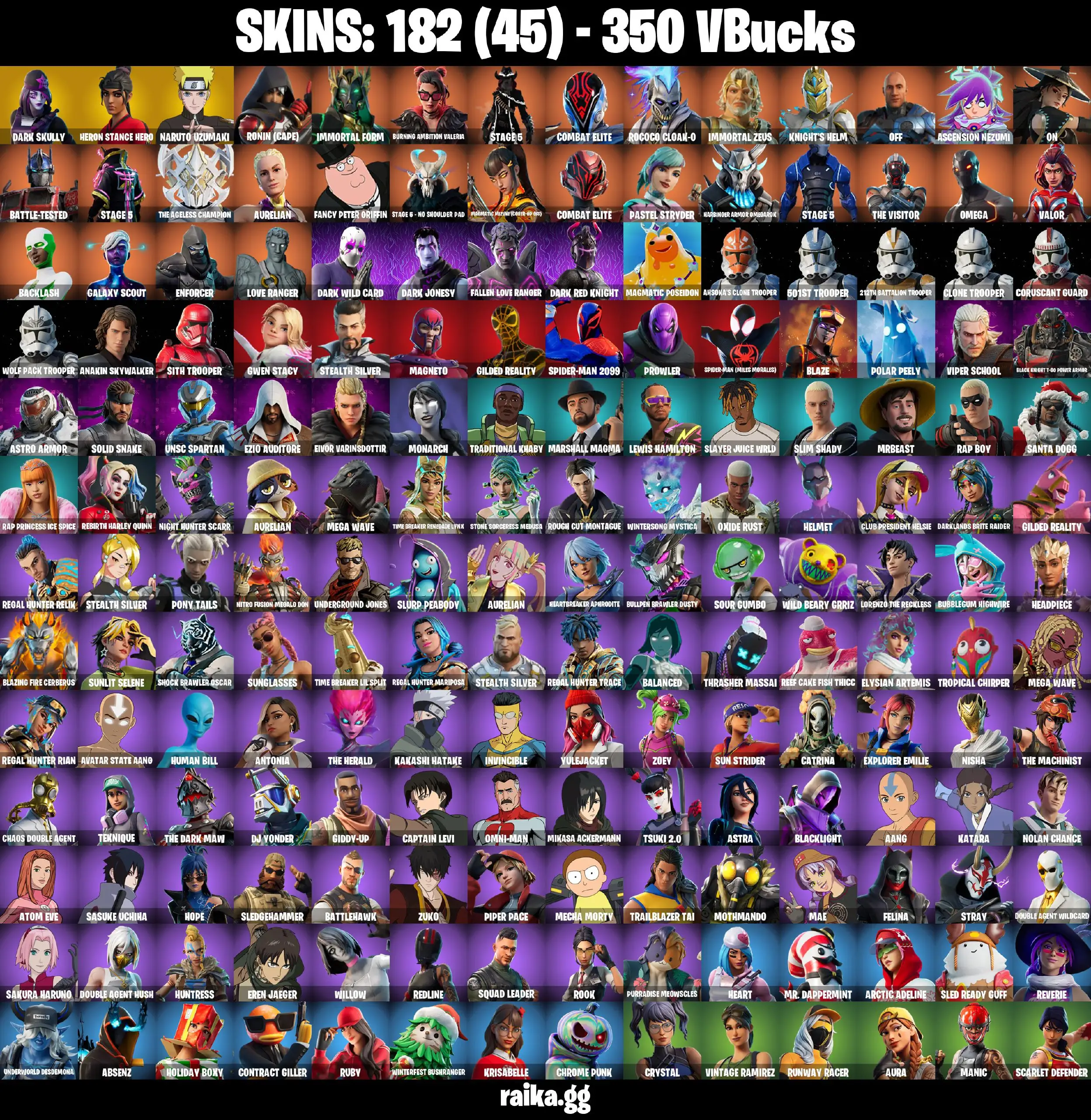 [PC/XB/PS/NIN] 180 Stacked Skins | Dark Skully | Drift Stage 5 | Harley Quinn | Omega | Orange Justice | Rococo Cloak-o | Nanner Ringer | Reaper | Omega | Galaxy Scout | 350 VB