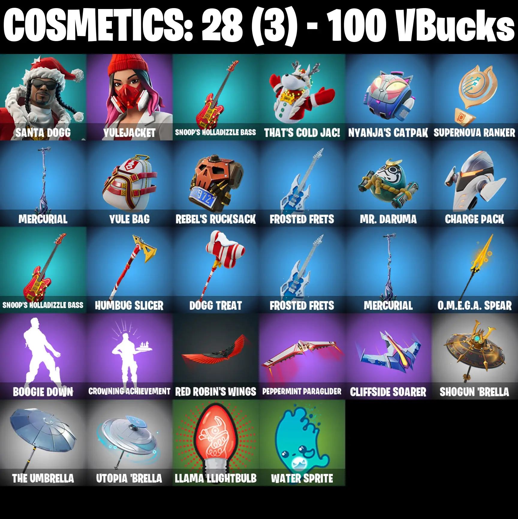 [PC/PSN/XBOX] 2 skins | Santa Dogg | Yulejacket | Snoop's Holladizzle Bass | That's Cold Jac! | Nyanja's Catpak | Supernova Ranker | Mercurial | 100 VB