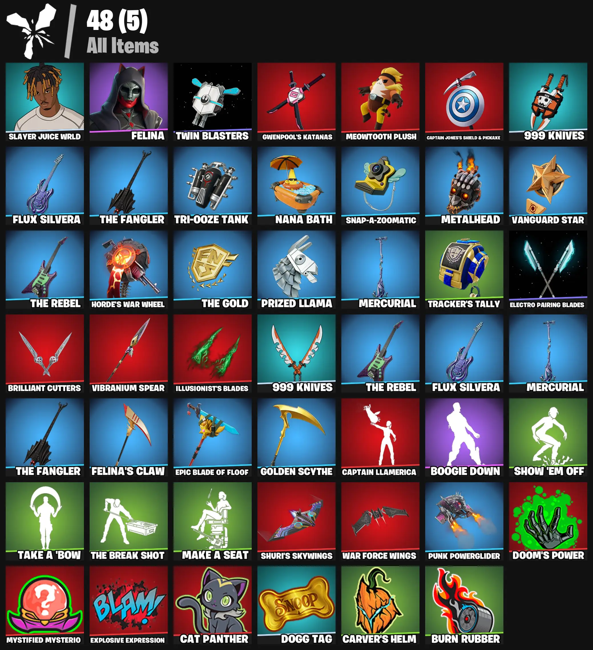 [PC/PSN/XBOX] 2 skins | Slayer Juice WRLD | Felina | Twin Blasters | Gwenpool's Katanas | Meowtooth Plush | Captain Jones's Shield & Pickaxe | 100 VB