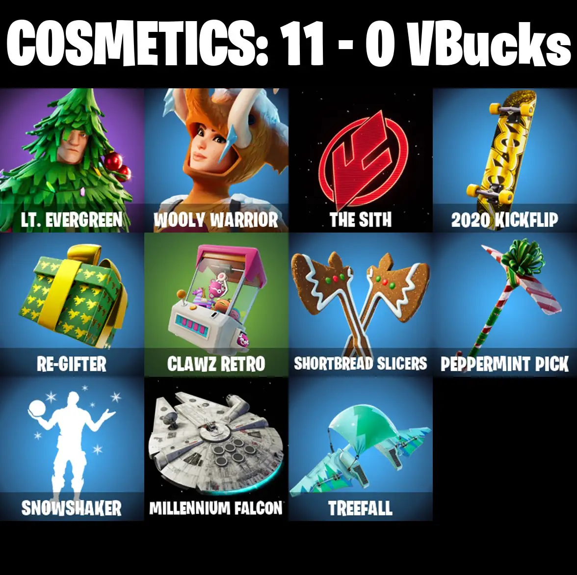 [PC/PSN/XBOX] 2 skins | Lt. Evergreen | Wooly Warrior | The Sith | 2020 Kickflip | Re-gifter | Clawz Retro | Shortbread Slicers | Peppermint Pick | 0 VB