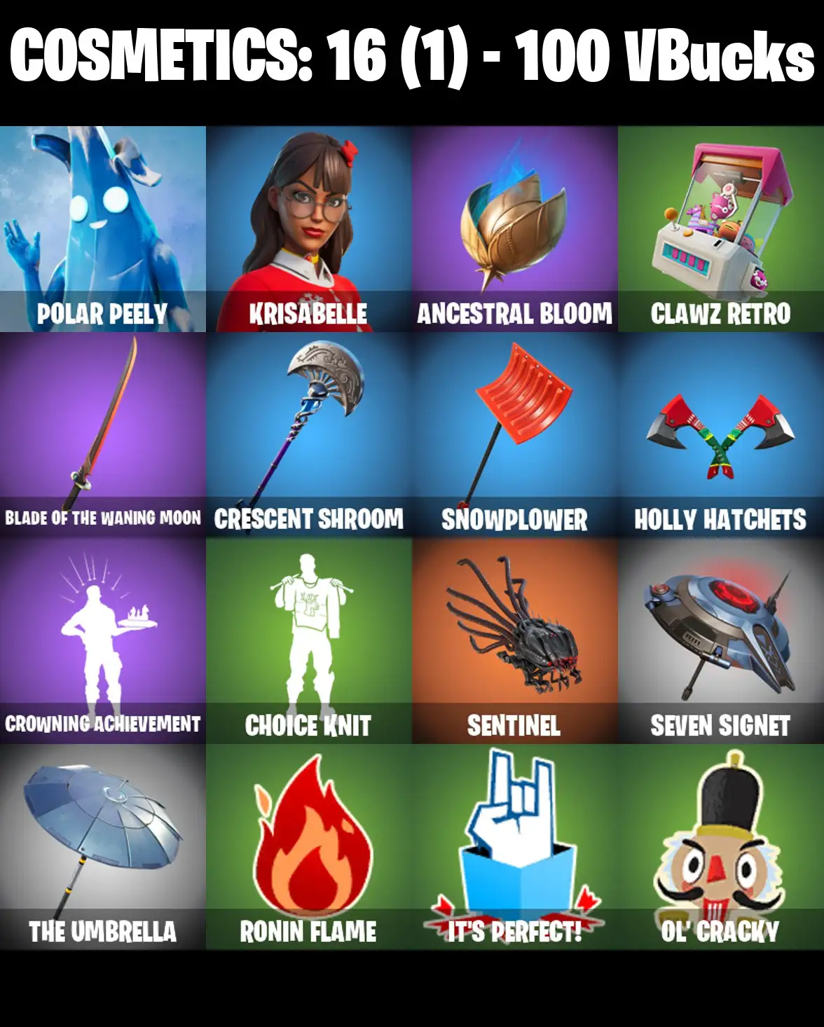 [PC/PSN/XBOX] 2 skins | Polar Peely | Krisabelle | Ancestral Bloom | Clawz Retro | Blade of the Waning Moon | Crescent Shroom | Snowplower | 100 VB