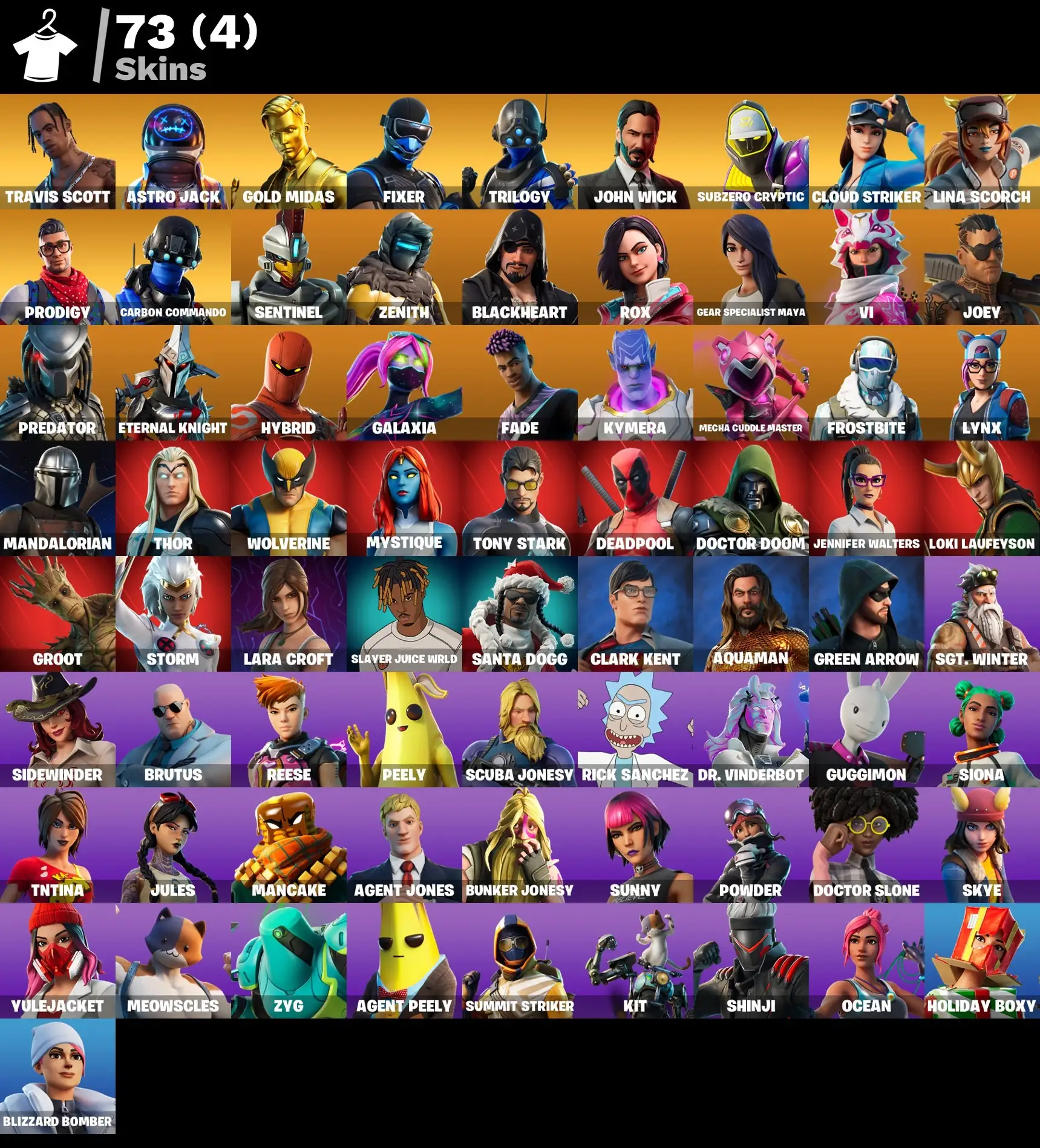 73 skins | Travis Scott | Astro Jack | Gold Midas | Fixer | Trilogy | John Wick | Subzero Cryptic | Cloud Striker | Lina Scorch | Prodigy