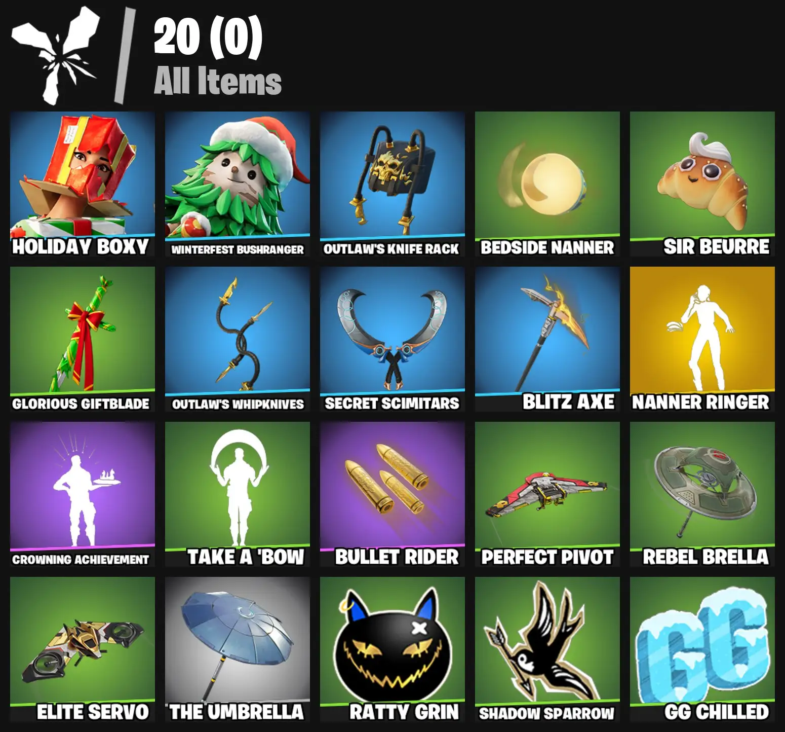 [PC/PSN/XBOX] 2 skins | Nanner Ringer | Holiday Boxy | Winterfest Bushranger | Outlaw's Knife Rack | Bedside Nanner | Sir Beurre | Glorious Giftblade | 0 VB