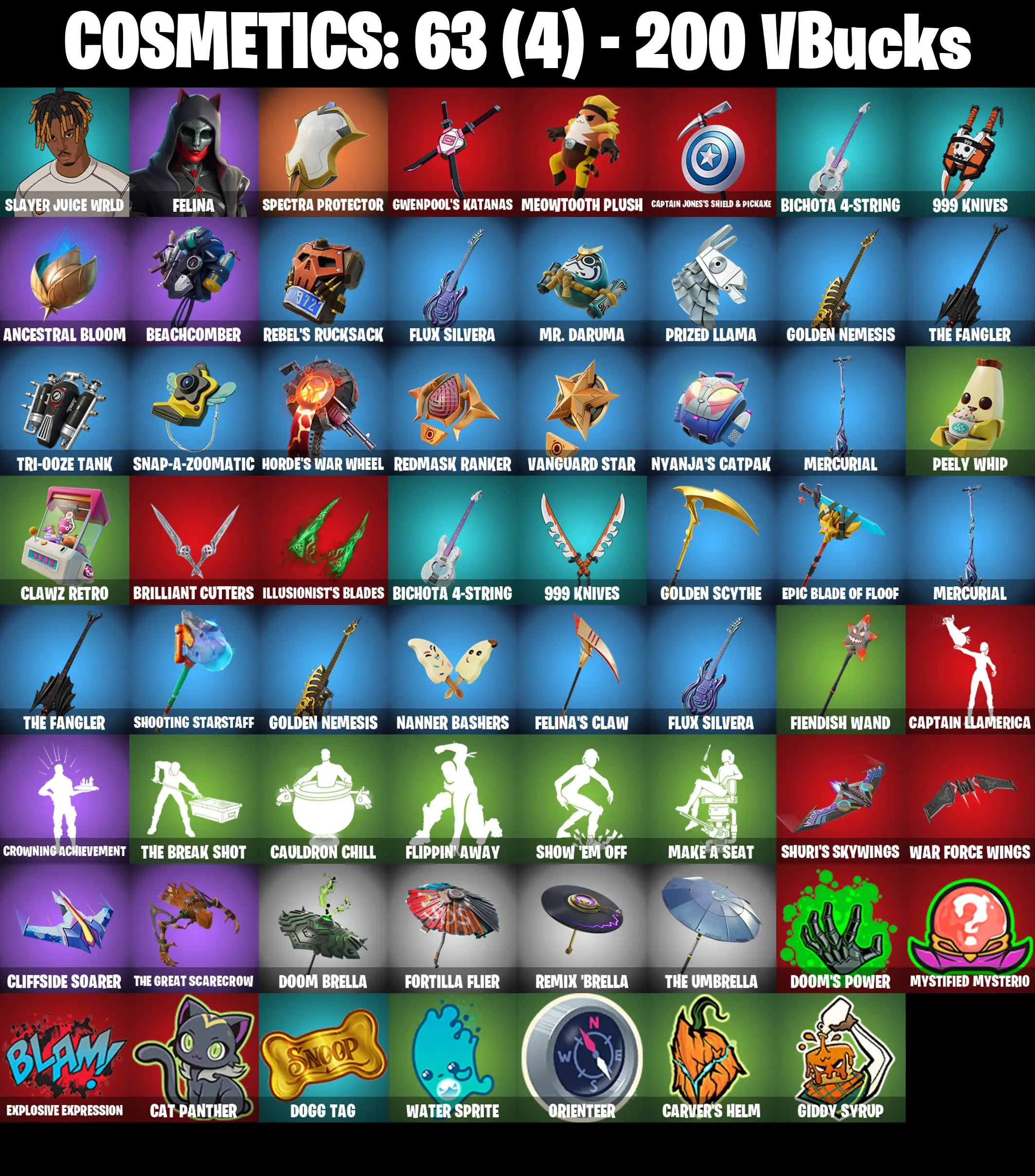 [PC/PSN/XBOX] 2 skins | Slayer Juice WRLD | Felina | Spectra Protector | Gwenpool's Katanas | Meowtooth Plush | Captain Jones's Shield & Pickaxe | 200 VB