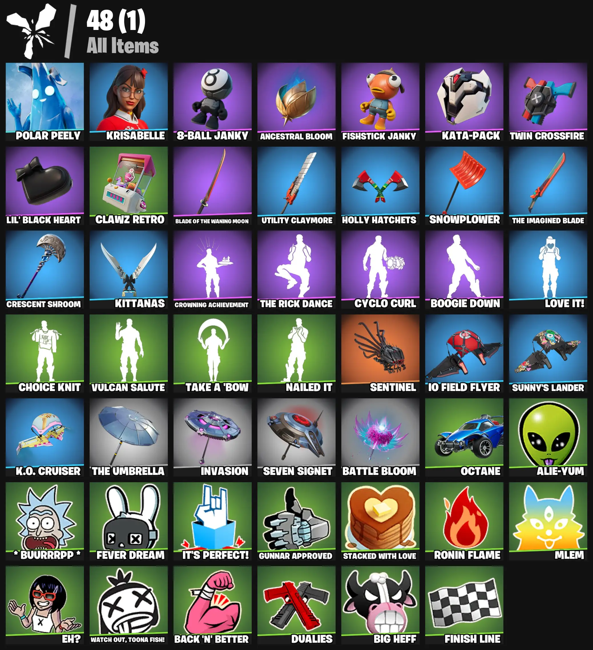 [PC/PSN/XBOX] 2 skins | Polar Peely | Krisabelle | 8-Ball Janky | Ancestral Bloom | Fishstick Janky | Kata-Pack | Twin Crossfire | Lil' Black Heart | 100 VB