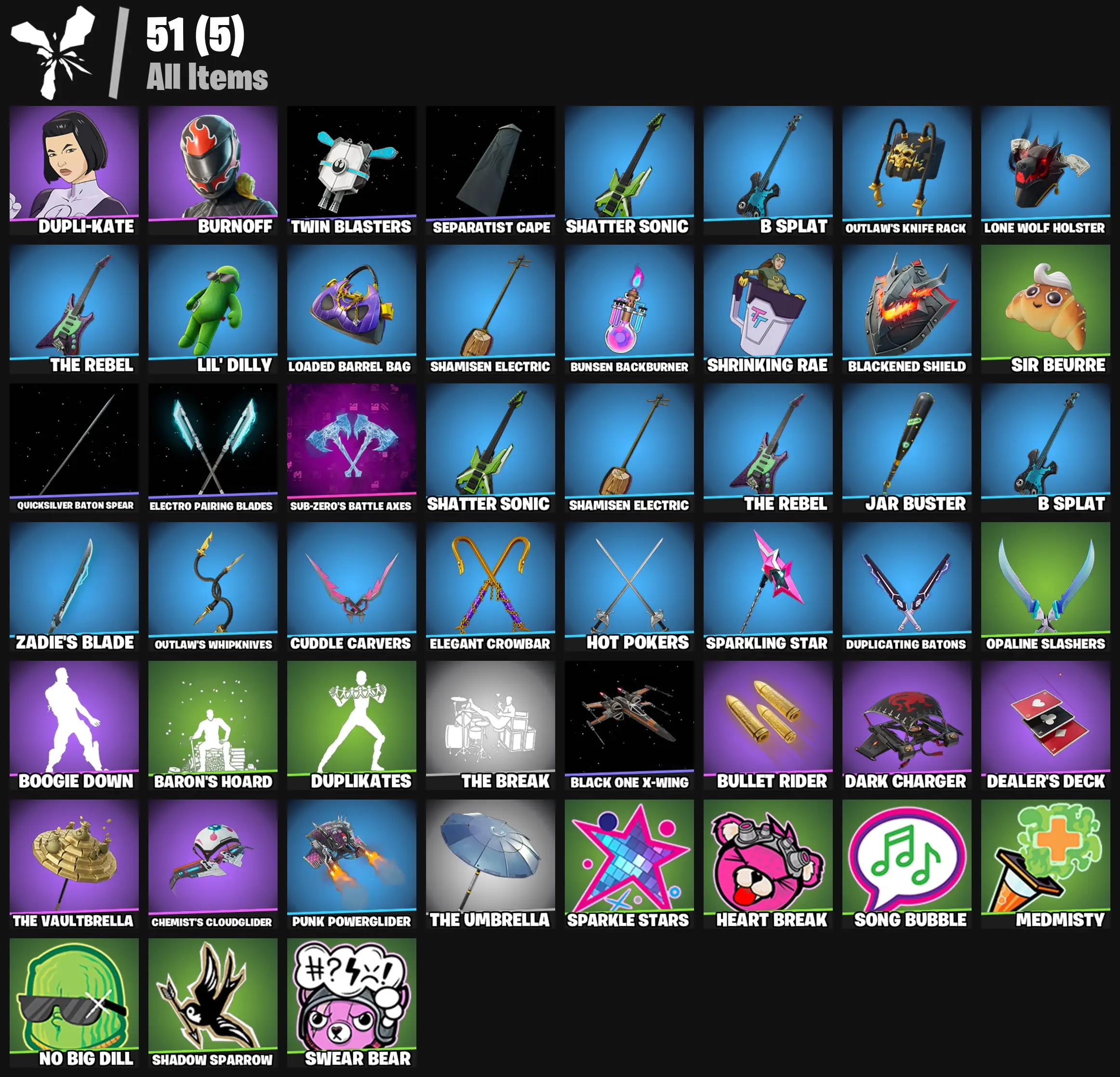 [PC/PSN/XBOX] 2 skins | Dupli-Kate | Burnoff | Twin Blasters | Separatist Cape | Shatter Sonic | B Splat | Outlaw's Knife Rack | Lone Wolf Holster | 300 VB