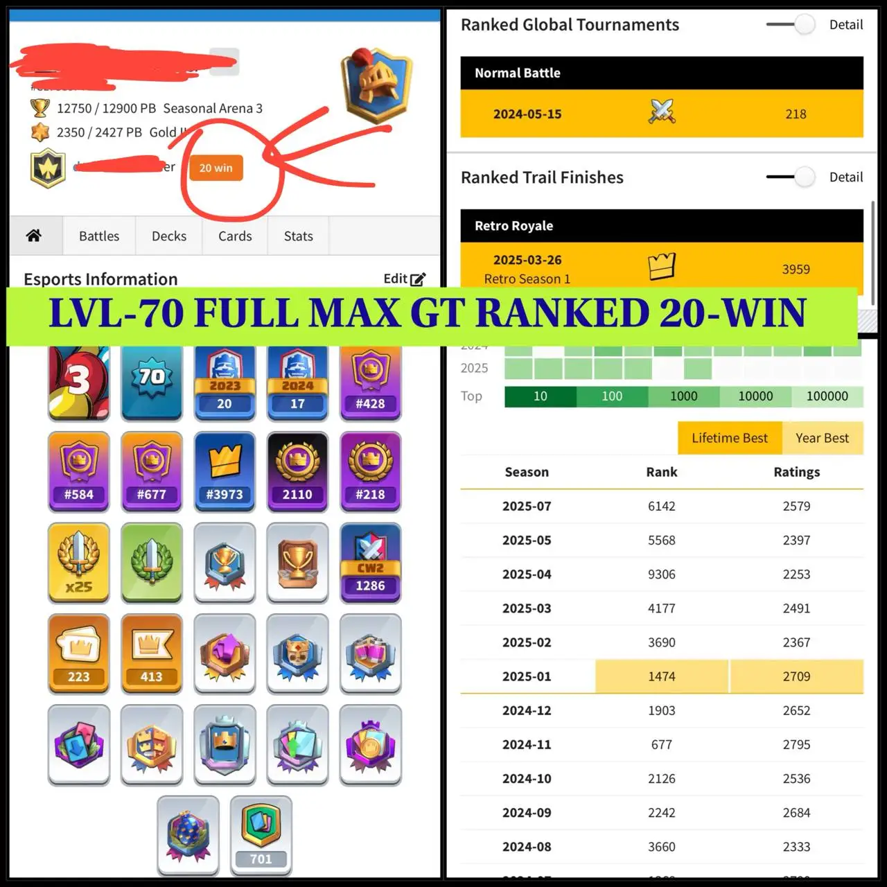 🔥 WORLD RARE💯 MAX LVL 70 CR ACCOUNT | 20-WIN EMOTE ✅ | 4x TOP 1K LADDER 🏆 | ALL CARDS & EVOS MAX 💯 | 219 EMOTES 🎭 | 70+ TOWER SKINS 🏰 | 138/139 BADGES 🏅 | 7.5K GEMS + 247K GOLD 💰 | FULL MAGIC ITEMS 💎