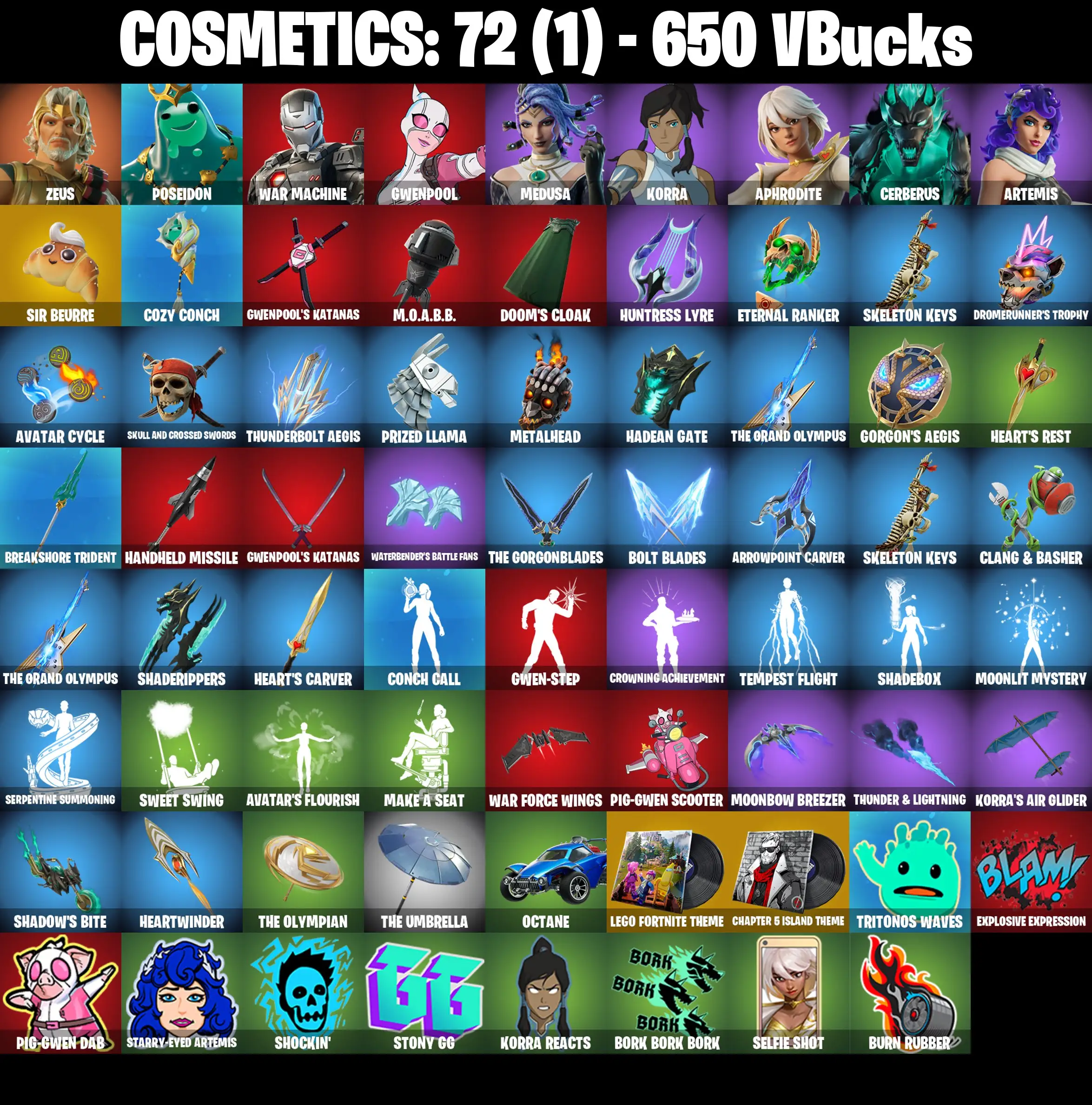 [PC/PSN/XBOX] 9 Skins | Poseidon | Zeus | Artemis | Gwenpool | War Machine | Korra | Cerberus | Medusa | Aphrodite | 650 VB