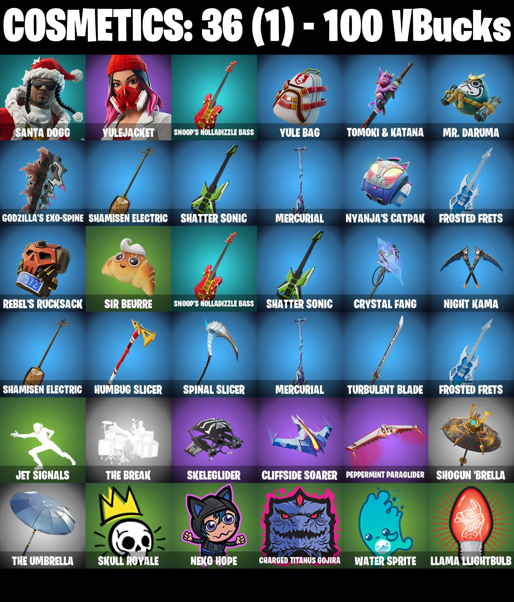[PC/PSN/XBOX] 2 skins | Santa Dogg | Yulejacket | Snoop's Holladizzle Bass | Yule Bag | Tomoki & Katana | Mr. Daruma | Godzilla's Exo-Spine | 100 VB