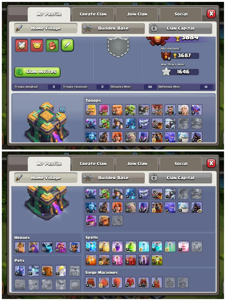 🔥 TH14 NEAR MAX 💥 | 3687 ATB 🏆 | EPIC EQUIPMENTS ⚙️ | MAGIC ITEMS STACKED 🎁 | MAX NIGHT BASE 🌙 | HEROES 73-80-53-55-30 👑 | INSTANT DELIVERY ⚡️