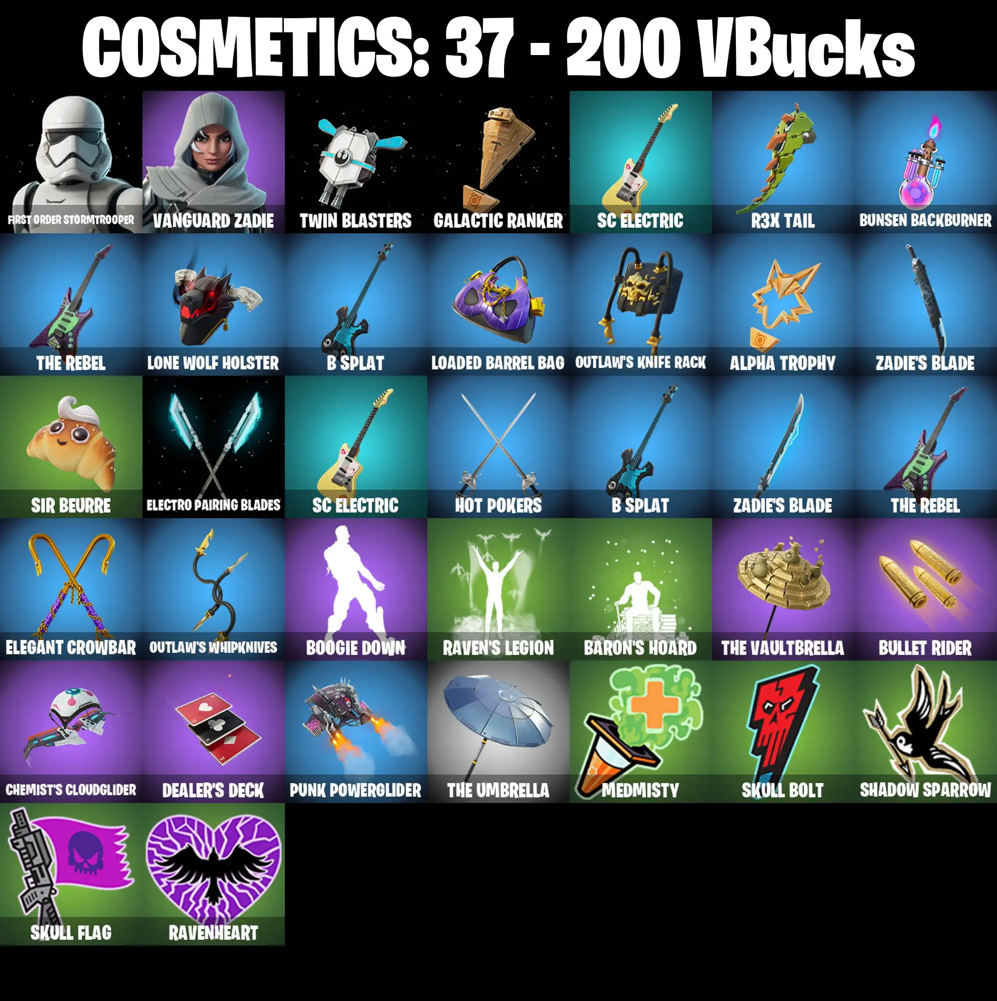 [PC/PSN/XBOX] 2 skins | First Order Stormtrooper | Vanguard Zadie | Twin Blasters | Galactic Ranker | SC Electric | R3X Tail | Bunsen Backburner | 200 VB